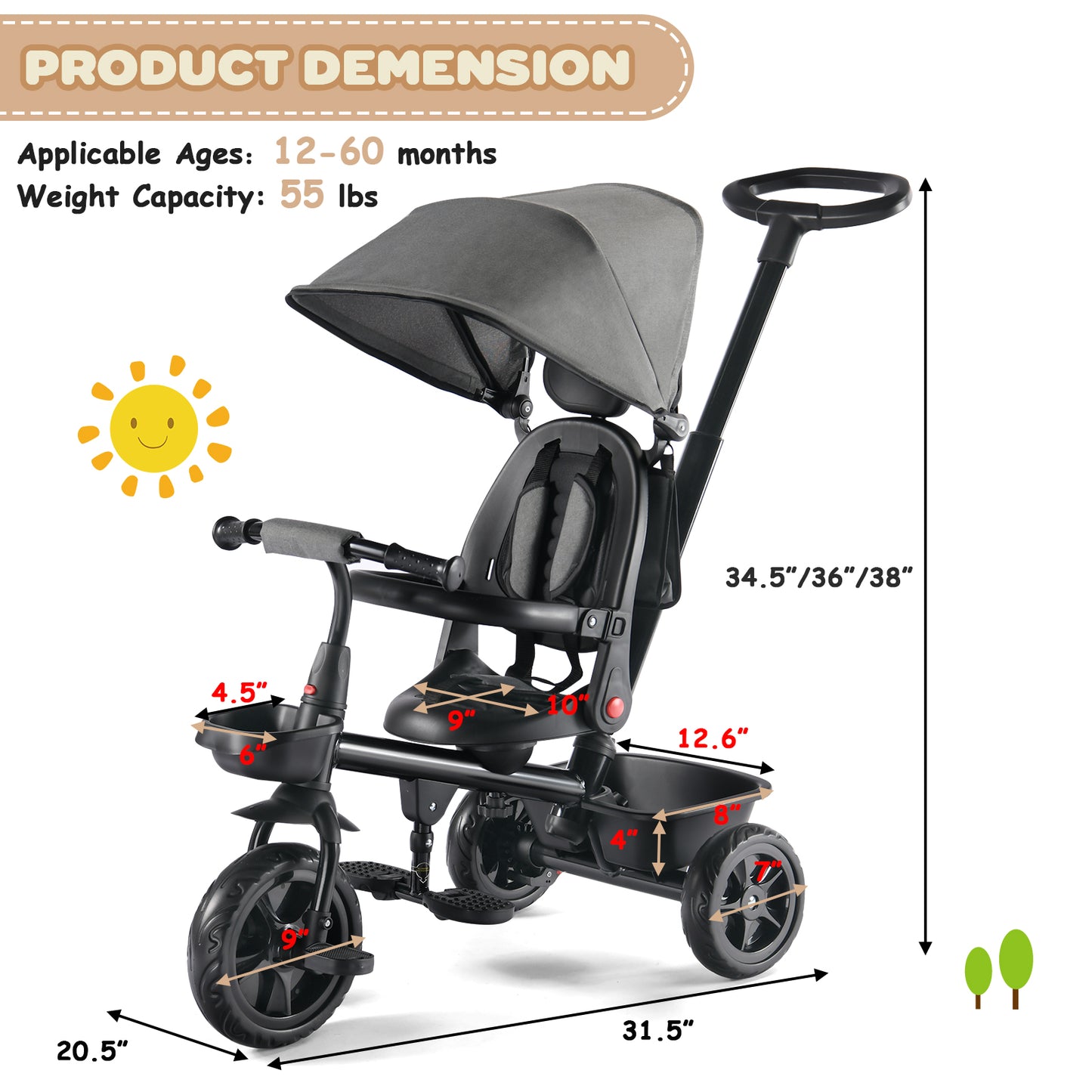 Kids' Tricycle, 6 IN 1 Baby Trike with Removable Canpoy& Push Handle, Toddler Bike for Kids 12-60 Months, Grey