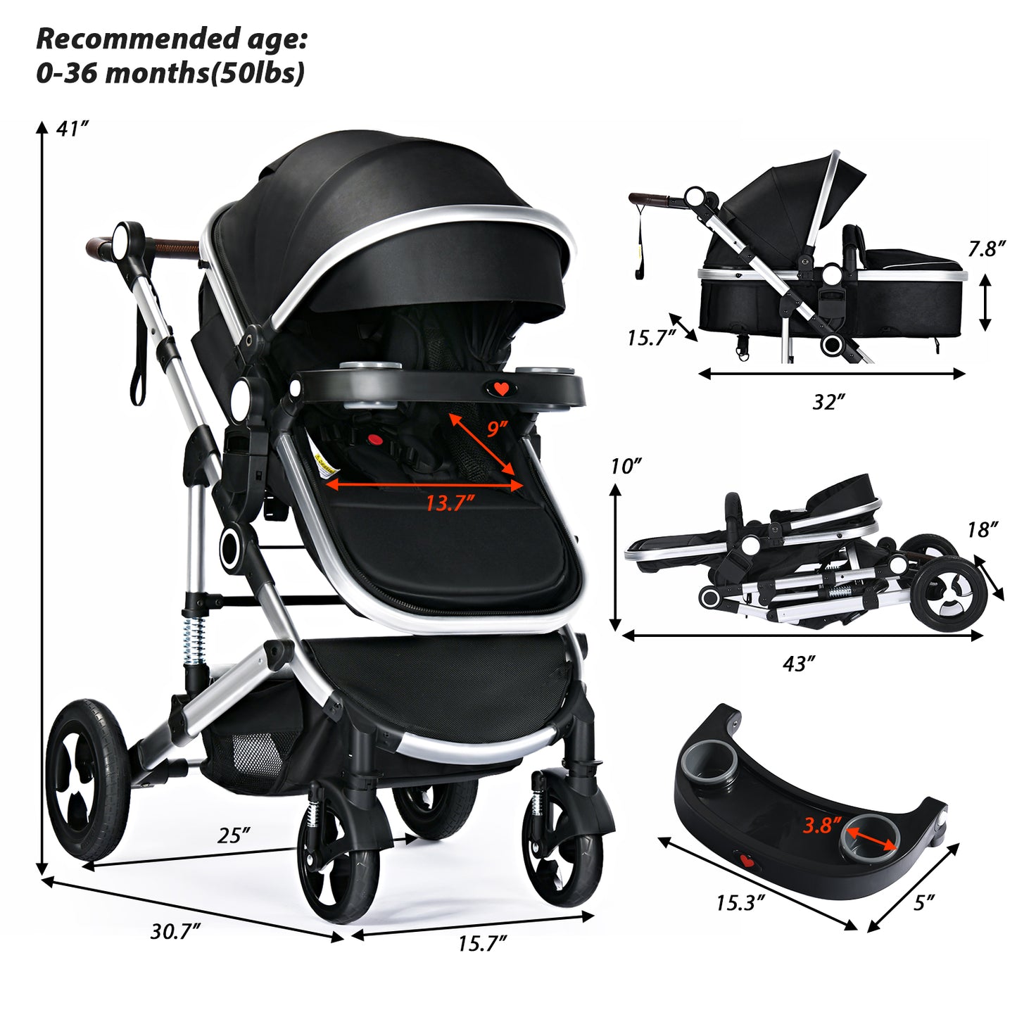 3 in 1 Reversible Baby Stroller, Folding Newborn Bassinet Pram Infant Carriage for Toddler, Black