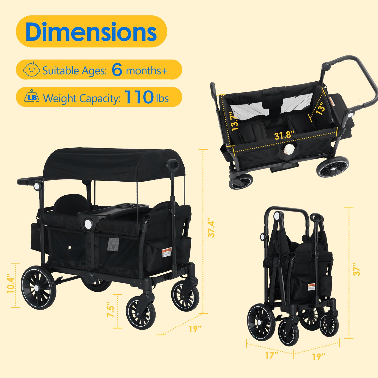 AILEEKISS 3-in-1 Wagon Stroller for 2 Toddlers, Collapsible Baby Wagon with Adjustable Handle, Black