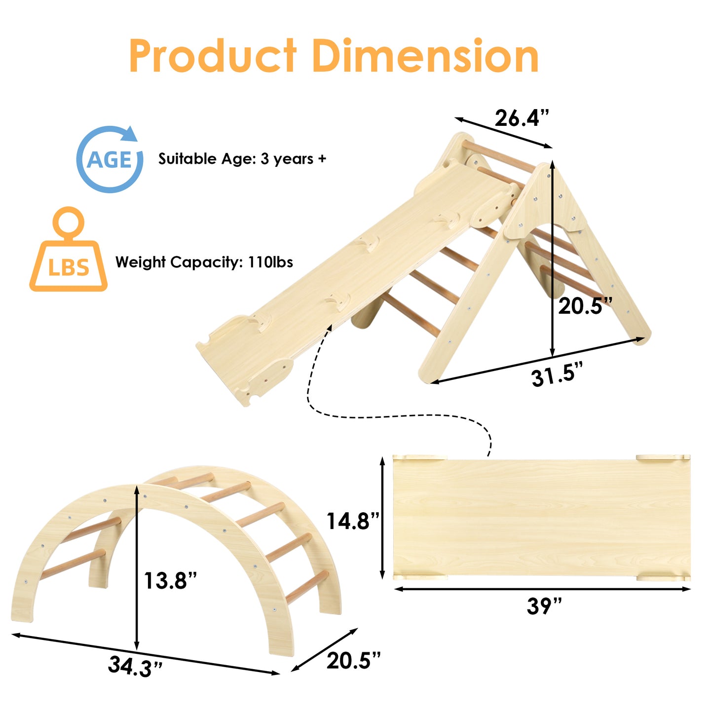 Kids Triangle Climbing Ladder Set for Toddler, 6 in 1 Indoor Wooden Children Playground Climber Toys with Adjustable Ramp/Slide, Natural