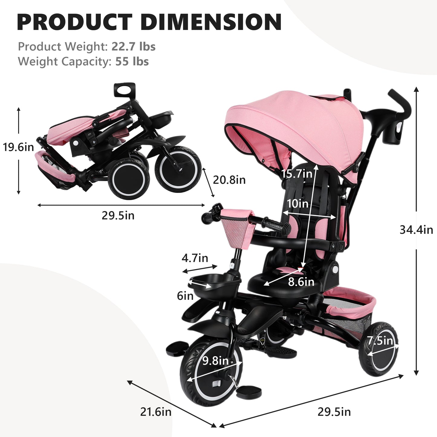 AILEEKISS 8-in-1 Kids' Tricycle Stroller, Folding Toddler Bicycle Unisex Ride Trike 1-6 Years, Pink