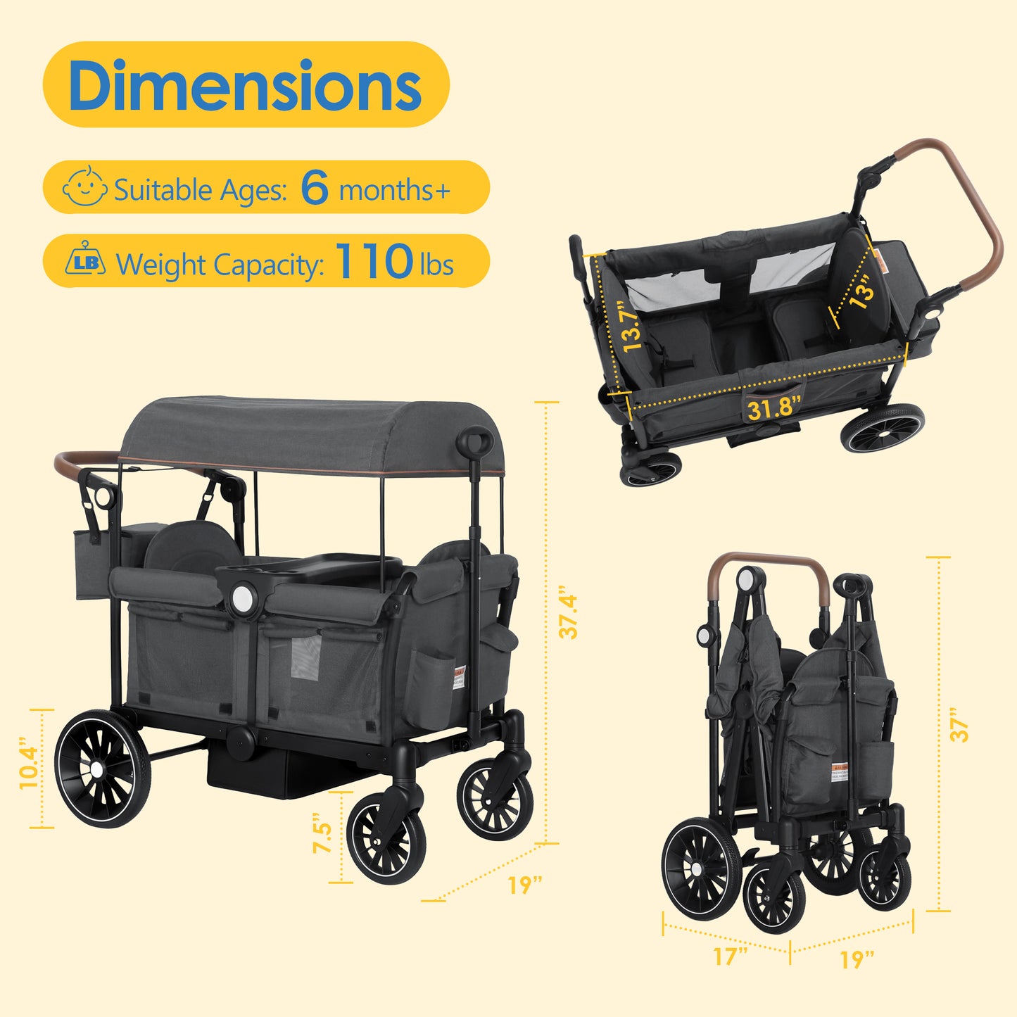 AILEEKISS 3-in-1 Wagon Stroller for 2 Toddlers, Collapsible Baby Wagon with Adjustable Handle, Grey