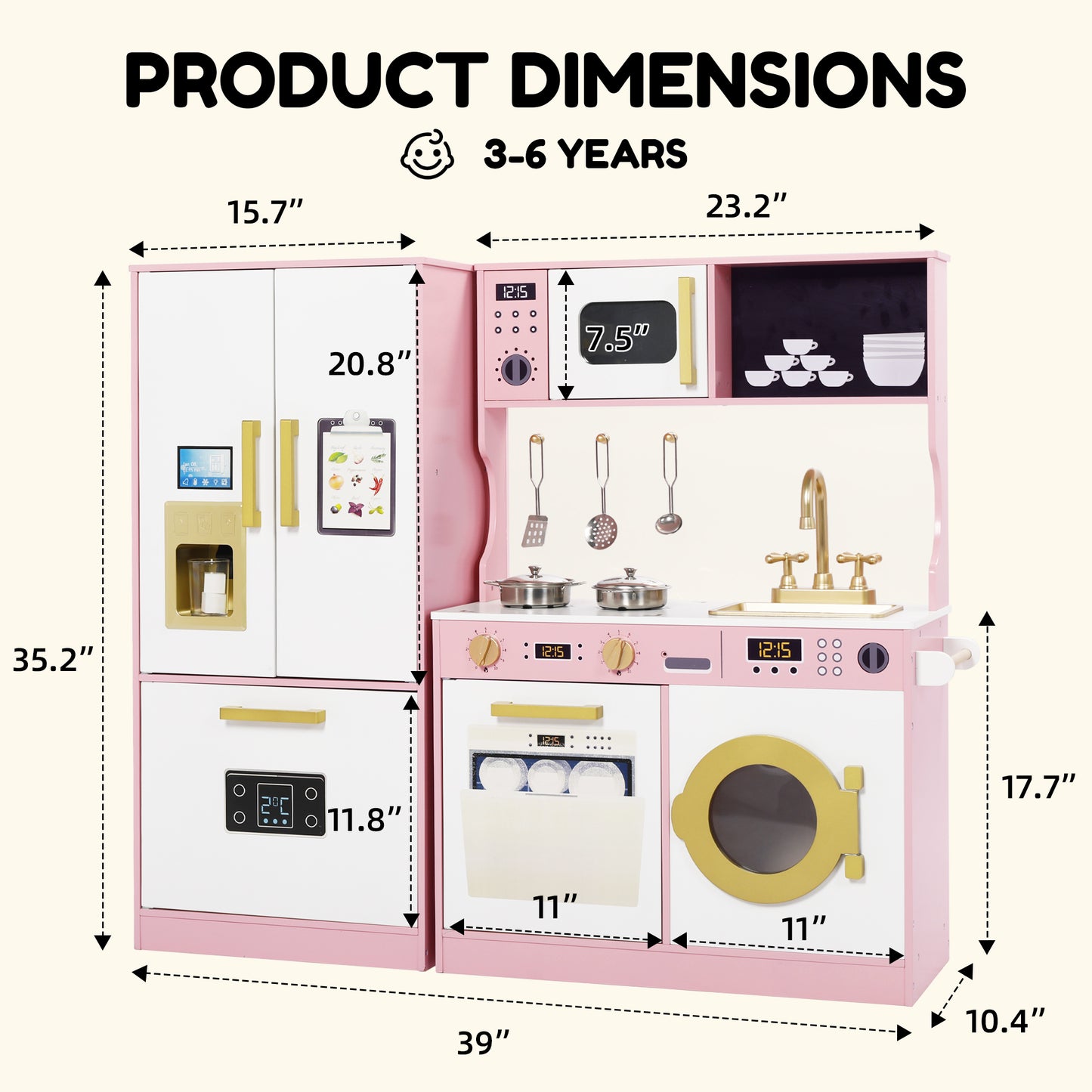 AILEEKISS Wood Kids Play Kitchen, Pretend Kitchen Playset for Children Age 3 Years up, Pink