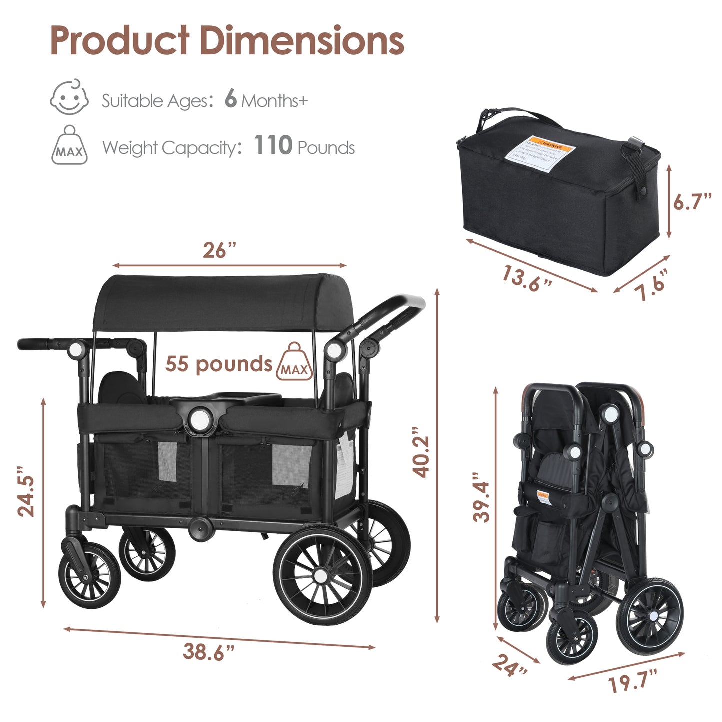 AILEEKISS Collapsible Wagon Stroller for 2 Toddlers with Adjustable Canopy, 44 Pounds, Black