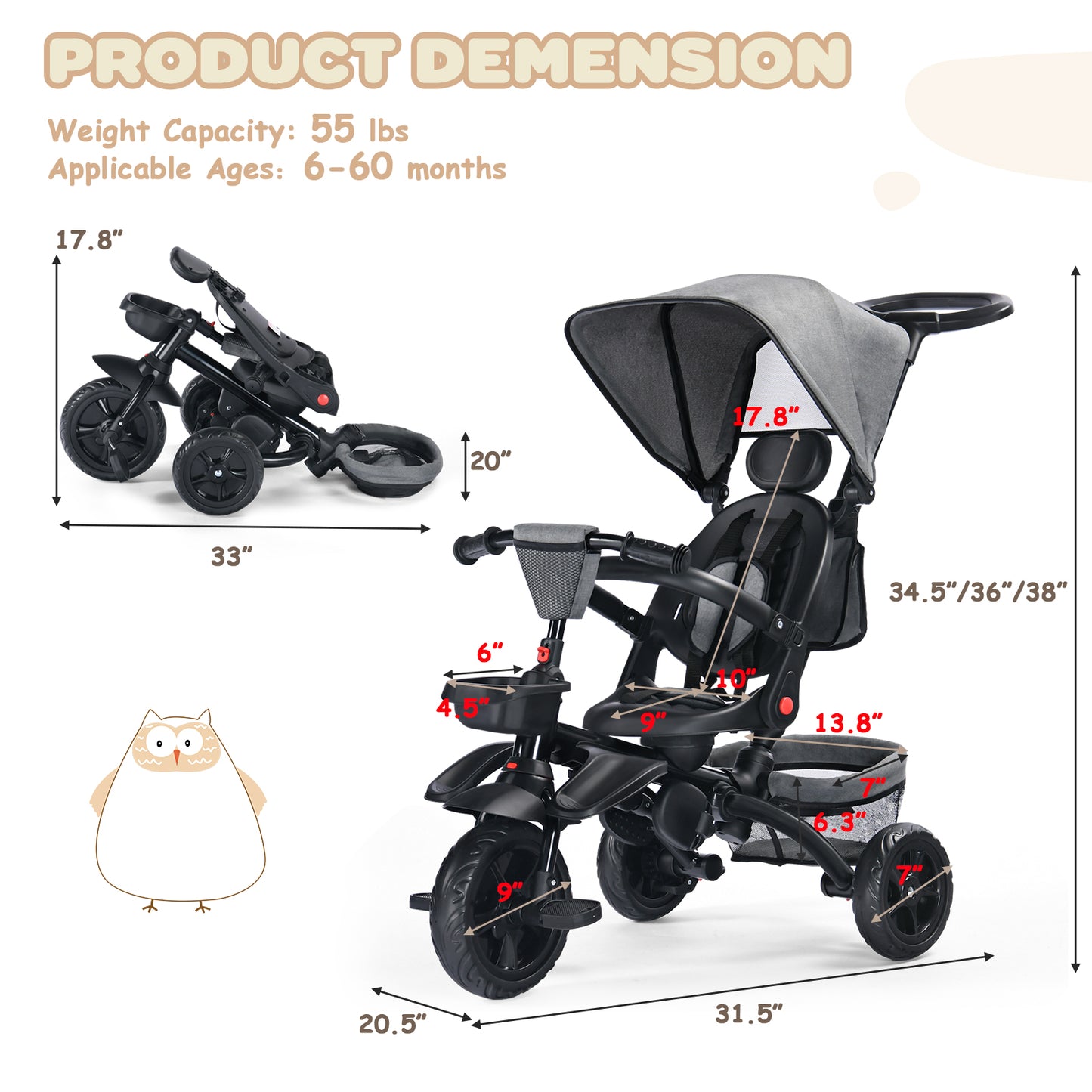 Folding Kids' Tricycle, 8 IN 1 Baby Trike W/Removable Canpoy&Parental Push Rod, Toddler Bike Stroller for Kids 1-5 Years, Grey