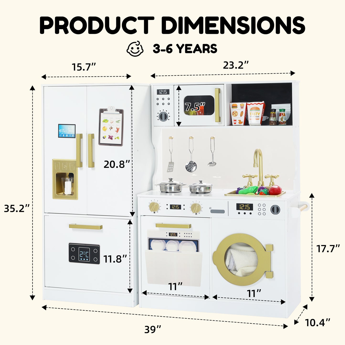 AILEEKISS Wood Kids Play Kitchen, Pretend Kitchen Playset for Children Age 3 Years up, White