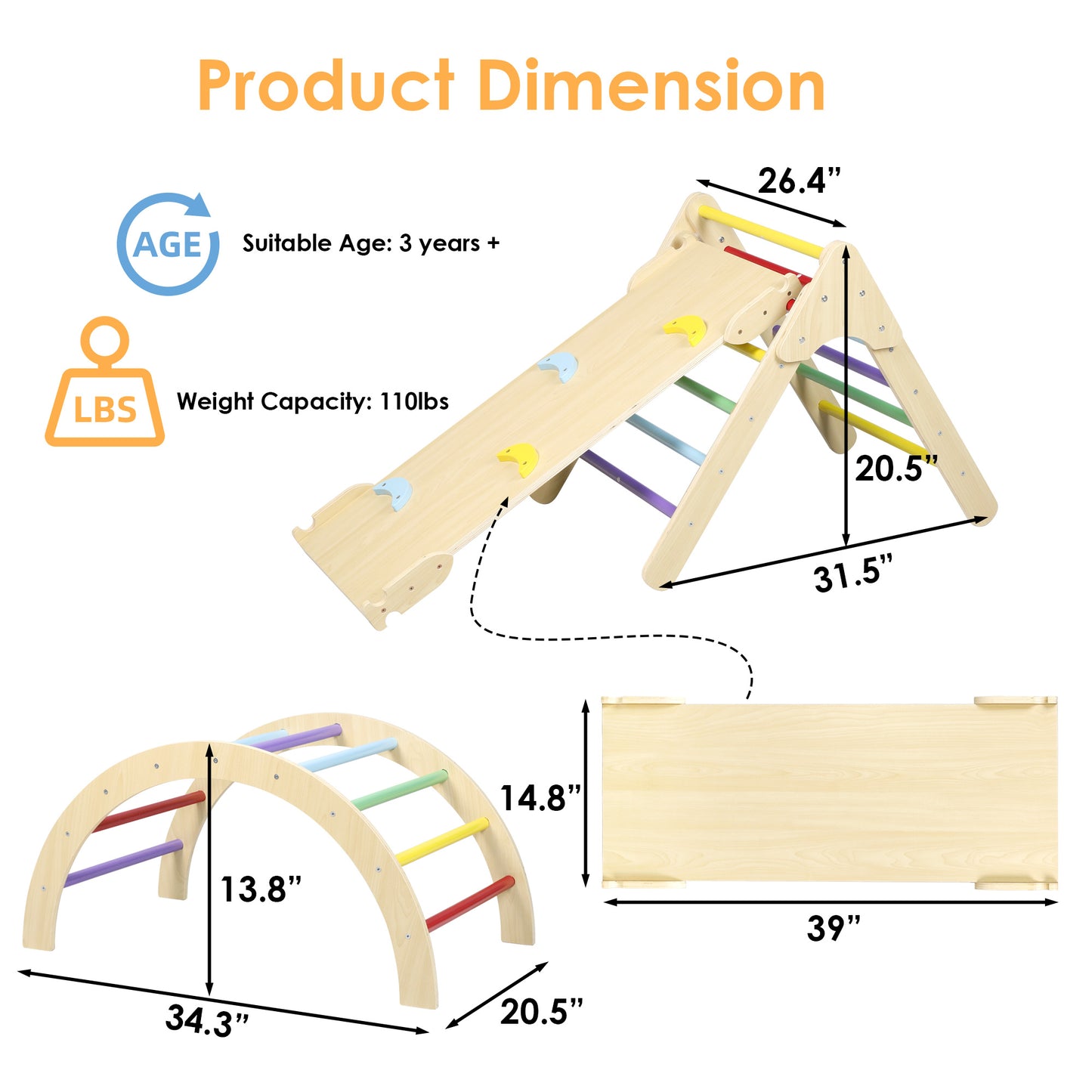 Kids Triangle Climbing Ladder Set for Toddler, 6 in 1 Indoor Wooden Children Playground Climber Toys with Adjustable Ramp/Slide, Rainbow