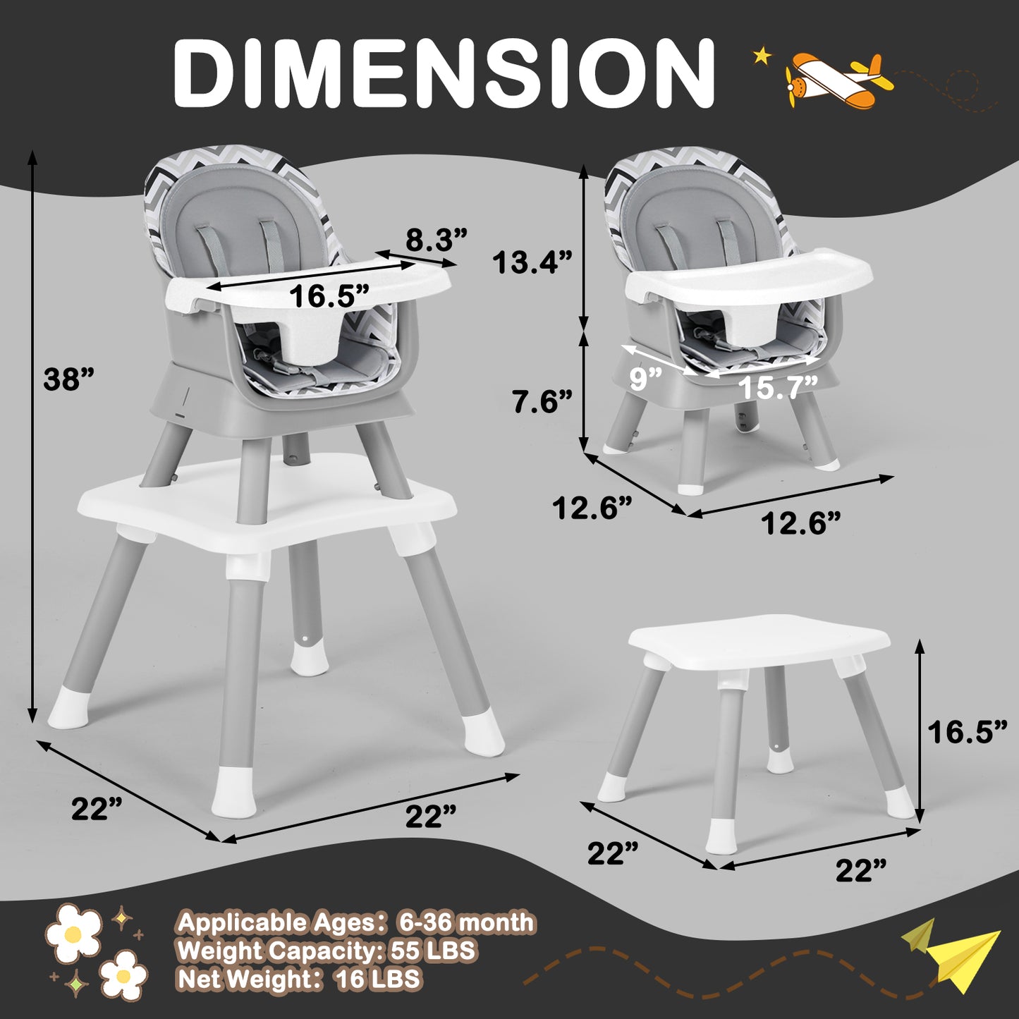 8 in 1 Baby High Chair, Toddler Dining Booster Seat for Eating, Chevron