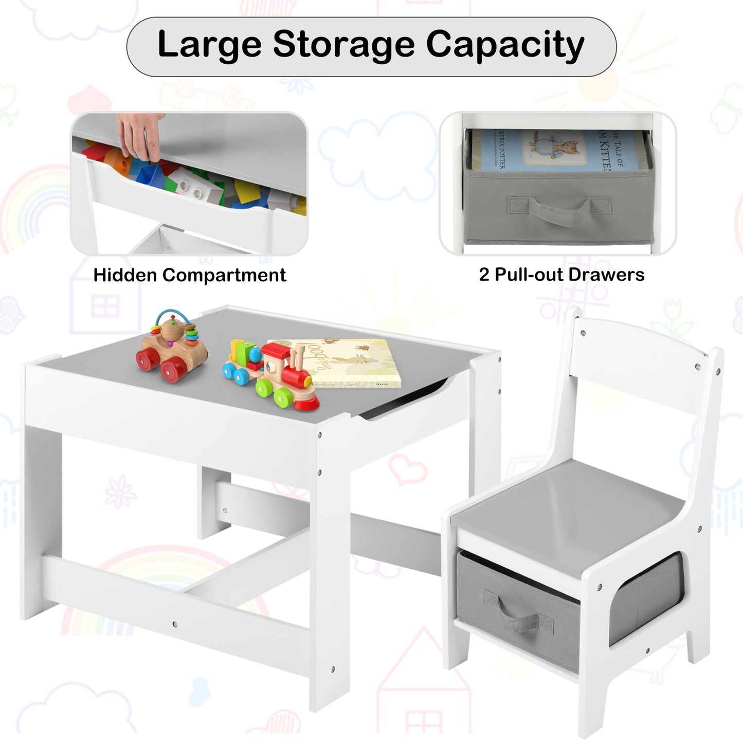 LINLUX Kids Table and 2 Chairs Set, Children Activity Table Chairs with Chalkboard/Whiteboard, Grey