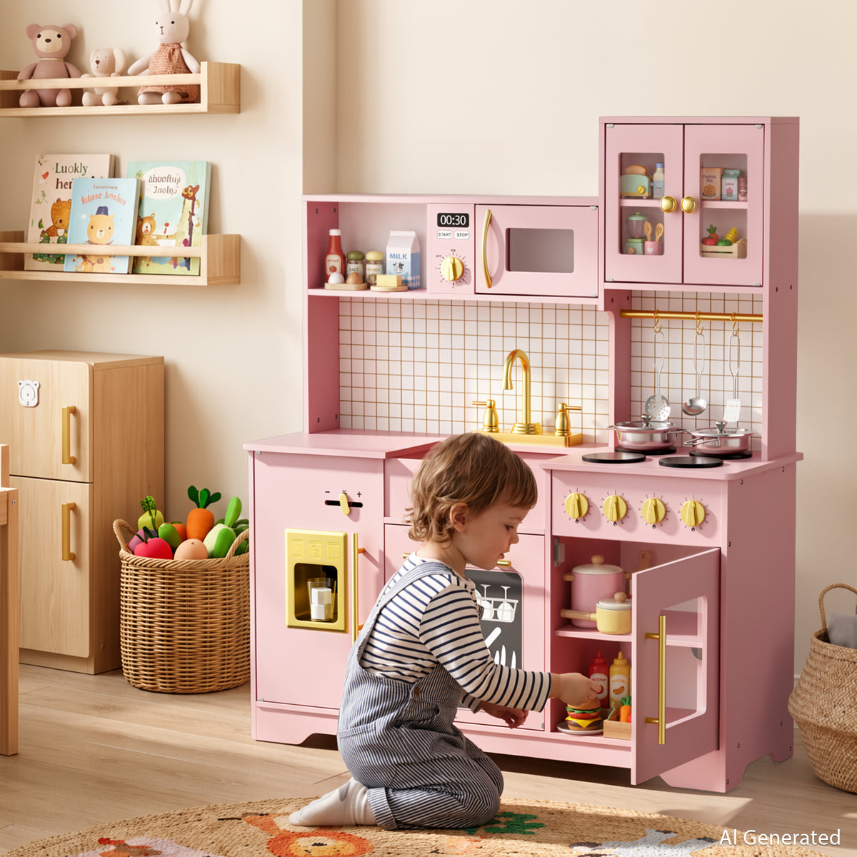 AILEEKISS Kids Kitchen Playset for Children, Realistic Pretend Kitchen Toy with Ice Maker, Pink
