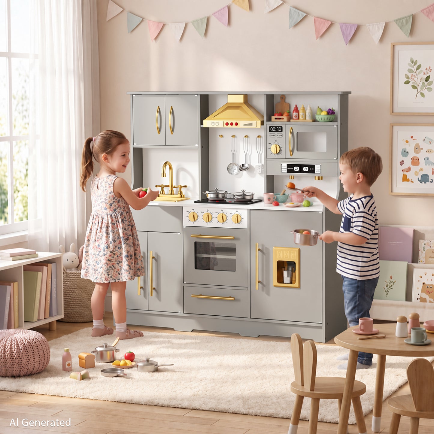 AILEEKISS Wood Kids Play Kitchen, Pretend Kitchen Playset for Children Age 3 Years up, Grey