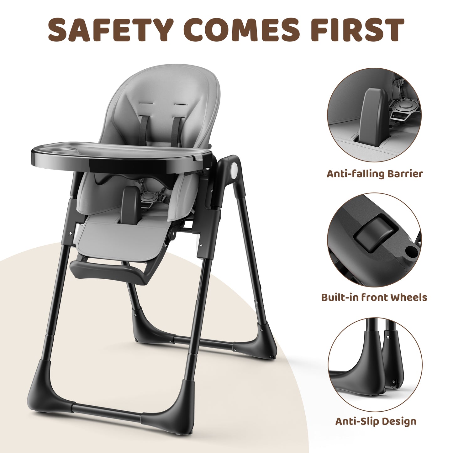 AILEEKISS Foldable High Chair for Baby, Toddler Eating Chair with Detachable Double Trays, Grey