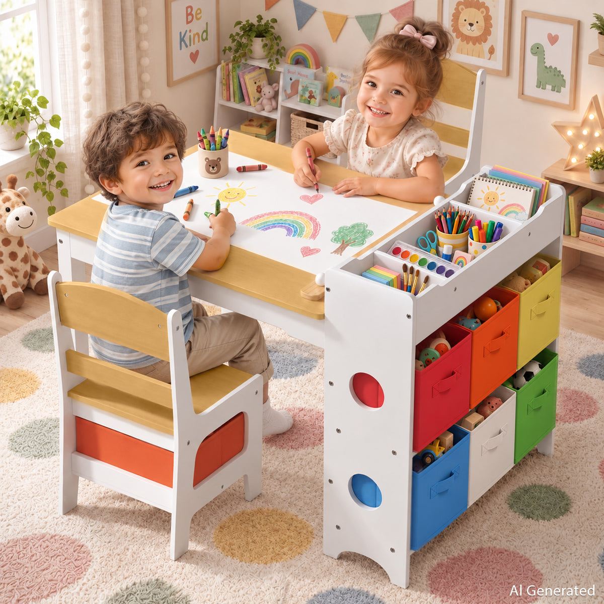 AILEEKISS Kids Table and Chair Set,Children Play Activity Desk for Drawing with 6 Drawers, Natural