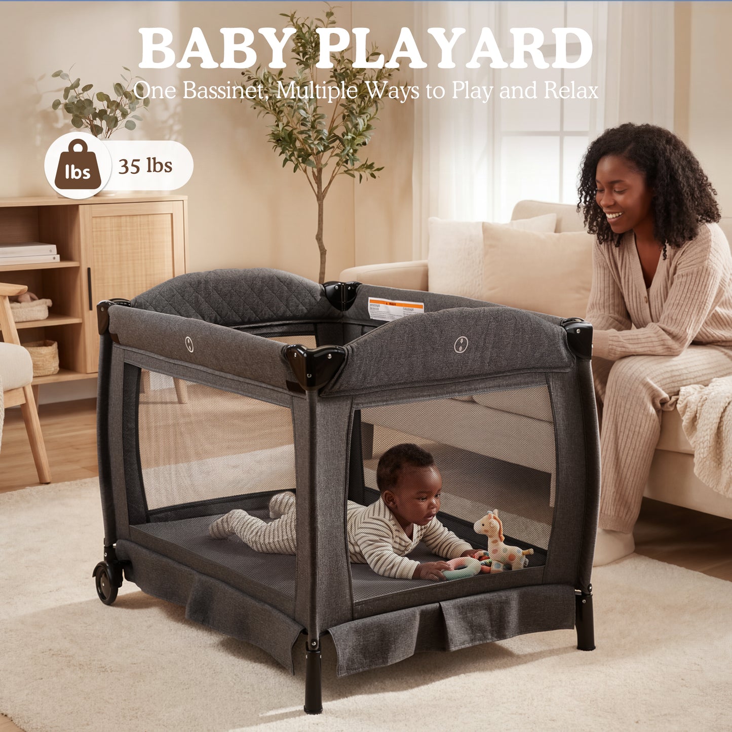 AILEEKISS 3-in-1 Foldable Baby Playard with Bassinet and Changing Table for Newborn, Dark Grey