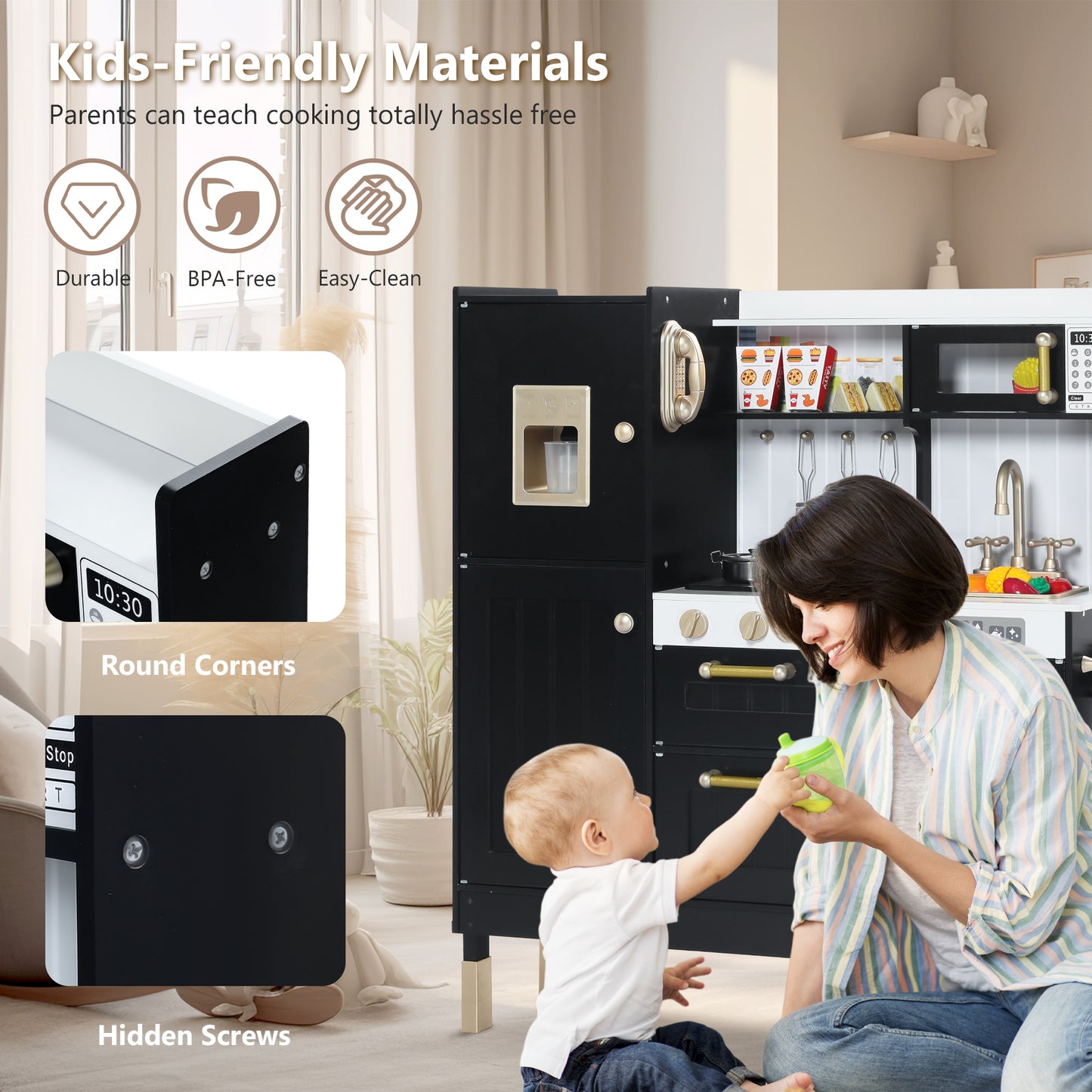LINLUX Wooden Kids Play Kitchen, Toy Kitchen Playset For Toddler, Realistic Kitchen Sets Baby, Black