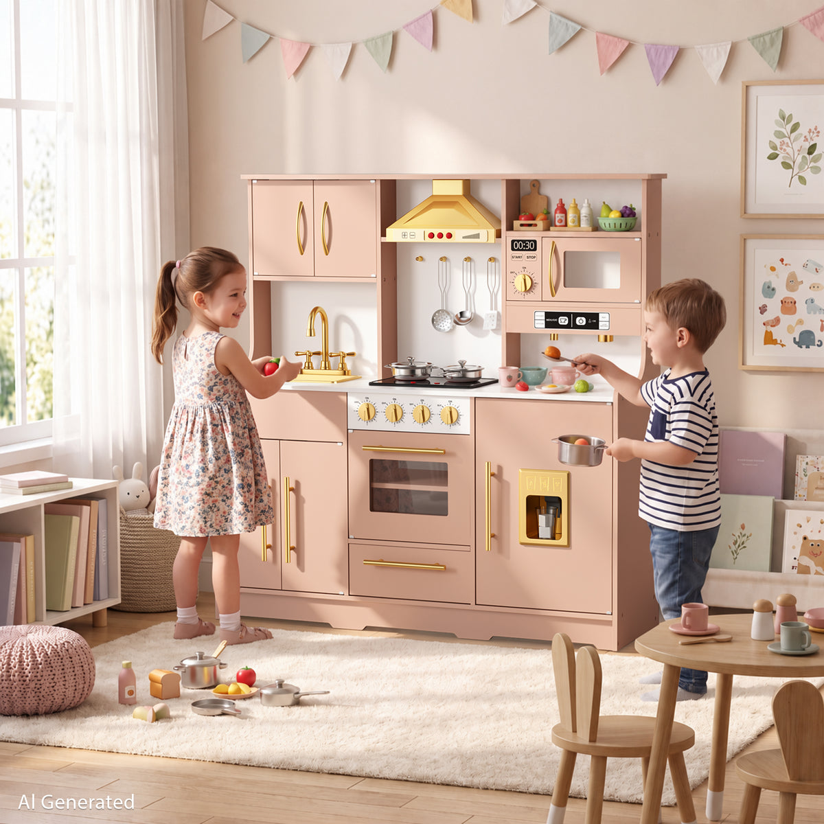 AILEEKISS Wood Kids Play Kitchen, Pretend Kitchen Playset for Children Age 3 Years up, Orange