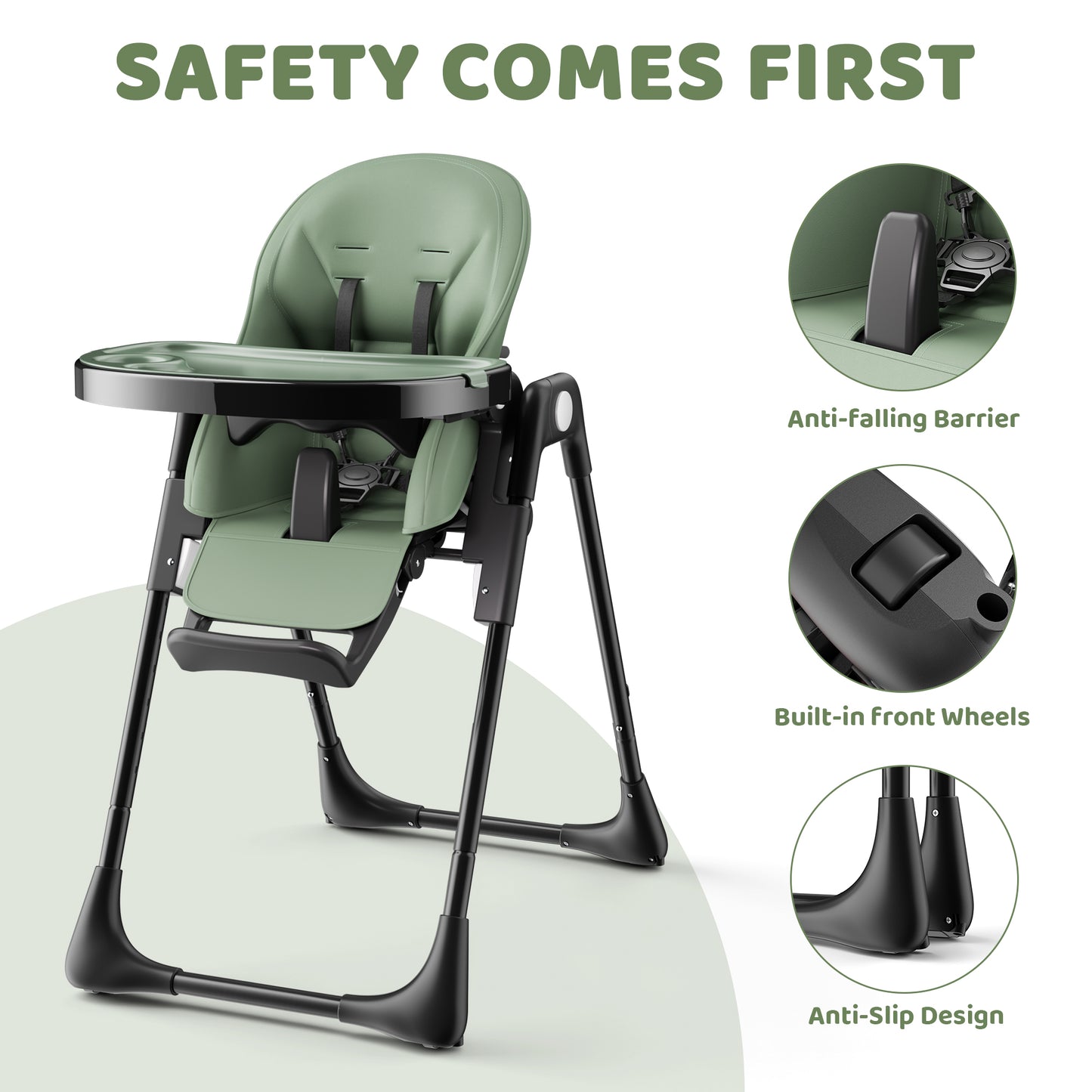 AILEEKISS Foldable High Chair for Baby, Toddler Eating Chair with Detachable Double Trays, Green