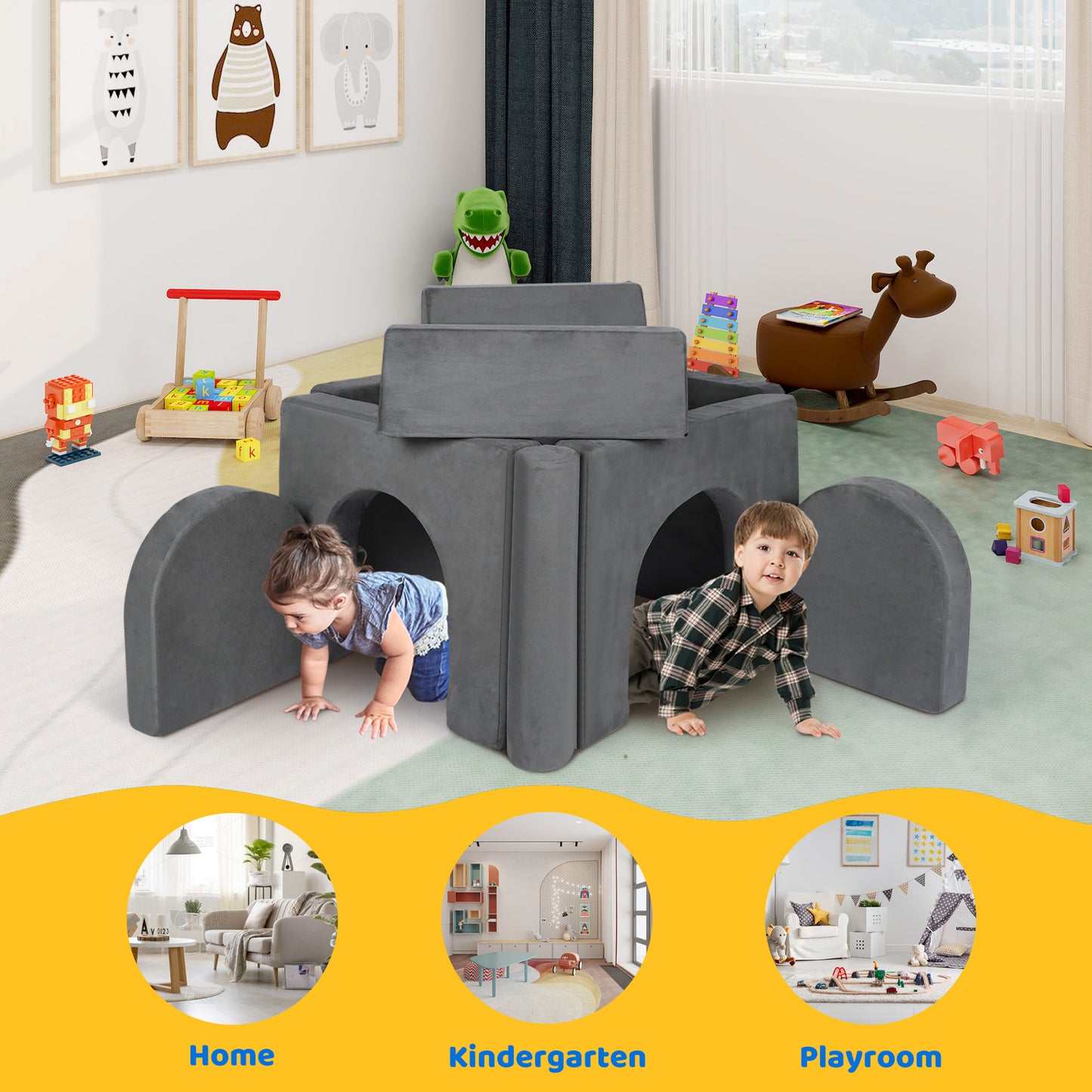 9 Pcs Kids Sofa Couch Playset, Baby Play Couch Imaginative Furniture for Toddler, Grey