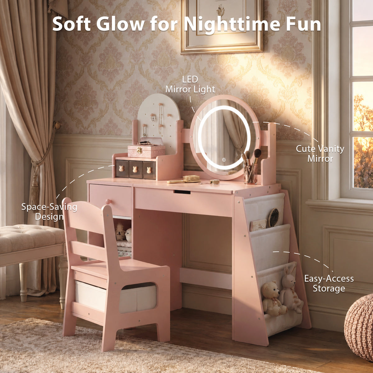 AILEEKISS Vanity Table Set with Drawers, Pretend Play Makeup Table with Storage Shelf, Pink