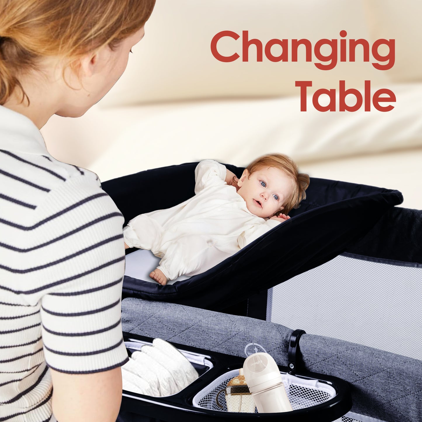 LINLUX Foldable Baby Bedside Crib Bassinet, Infant Pack and Play Playard, Newborn Playpen Changing Table,Dark Gray