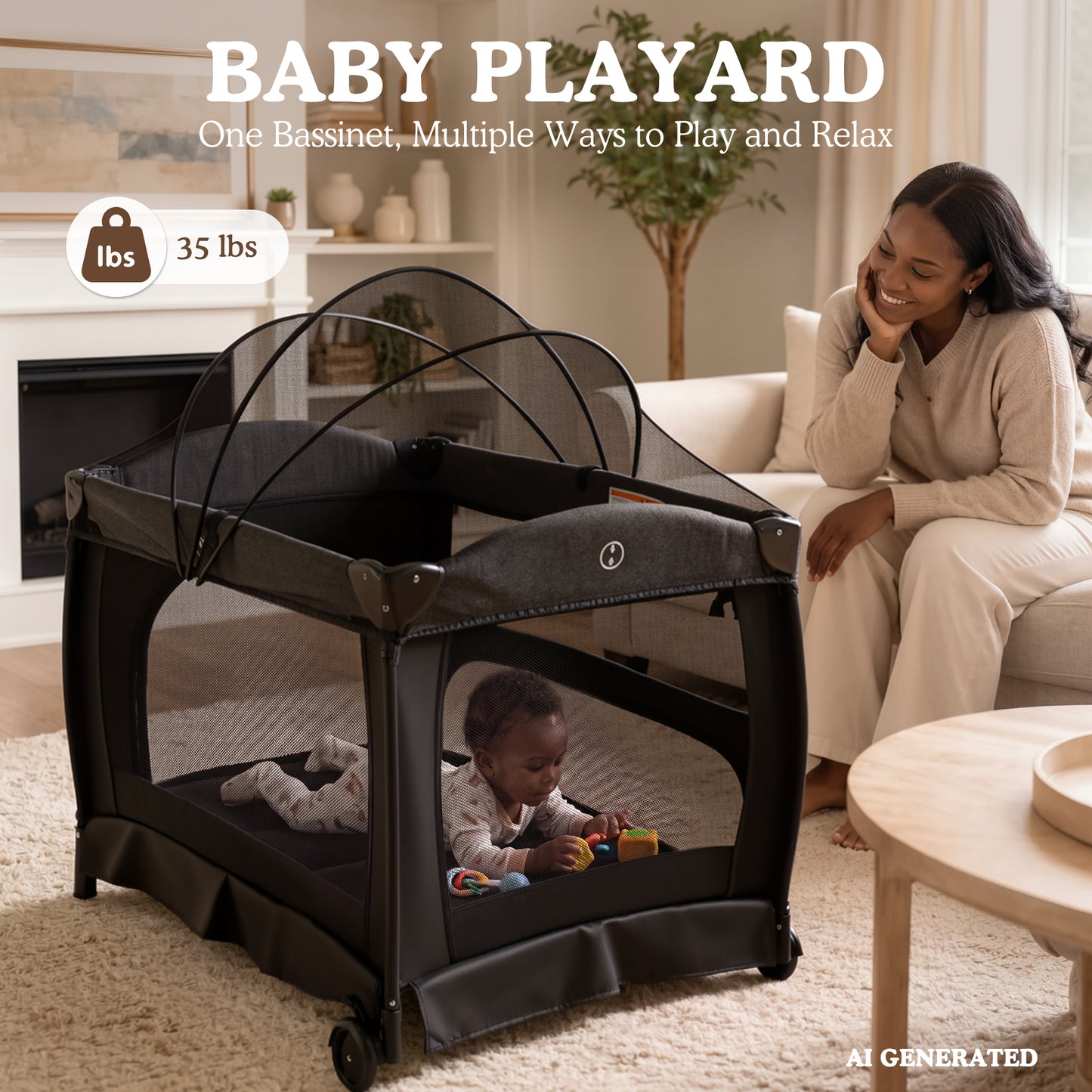 AILEEKISS 3-in-1 Baby Playard with Changing Table & Toy Bar, Portable Pack and Play for Newborn, Dark Grey