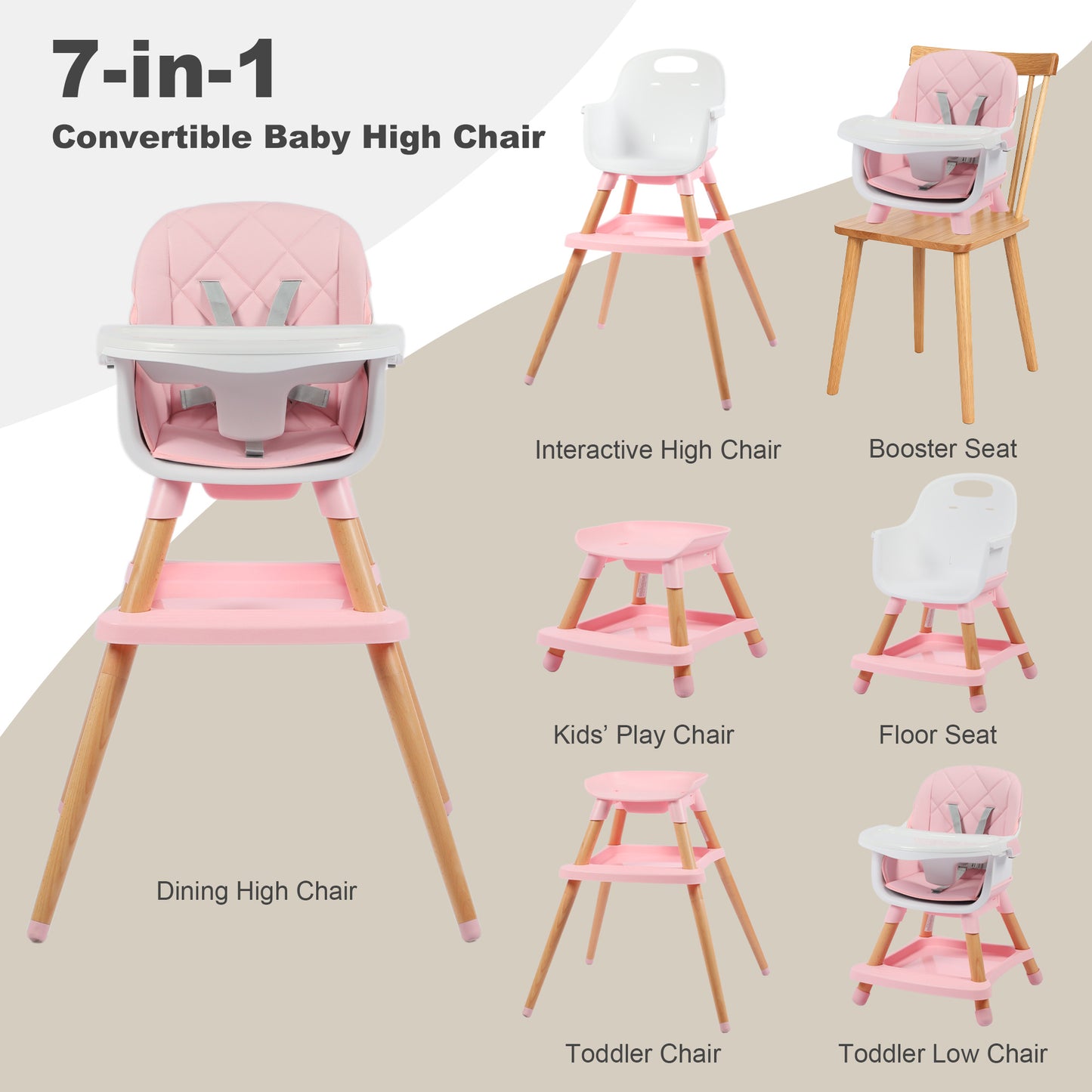 AILEEKISS 7 in 1 Wooden Baby High Chair for Toddler, Infant Feeding Chair with Removable Tray, Pink