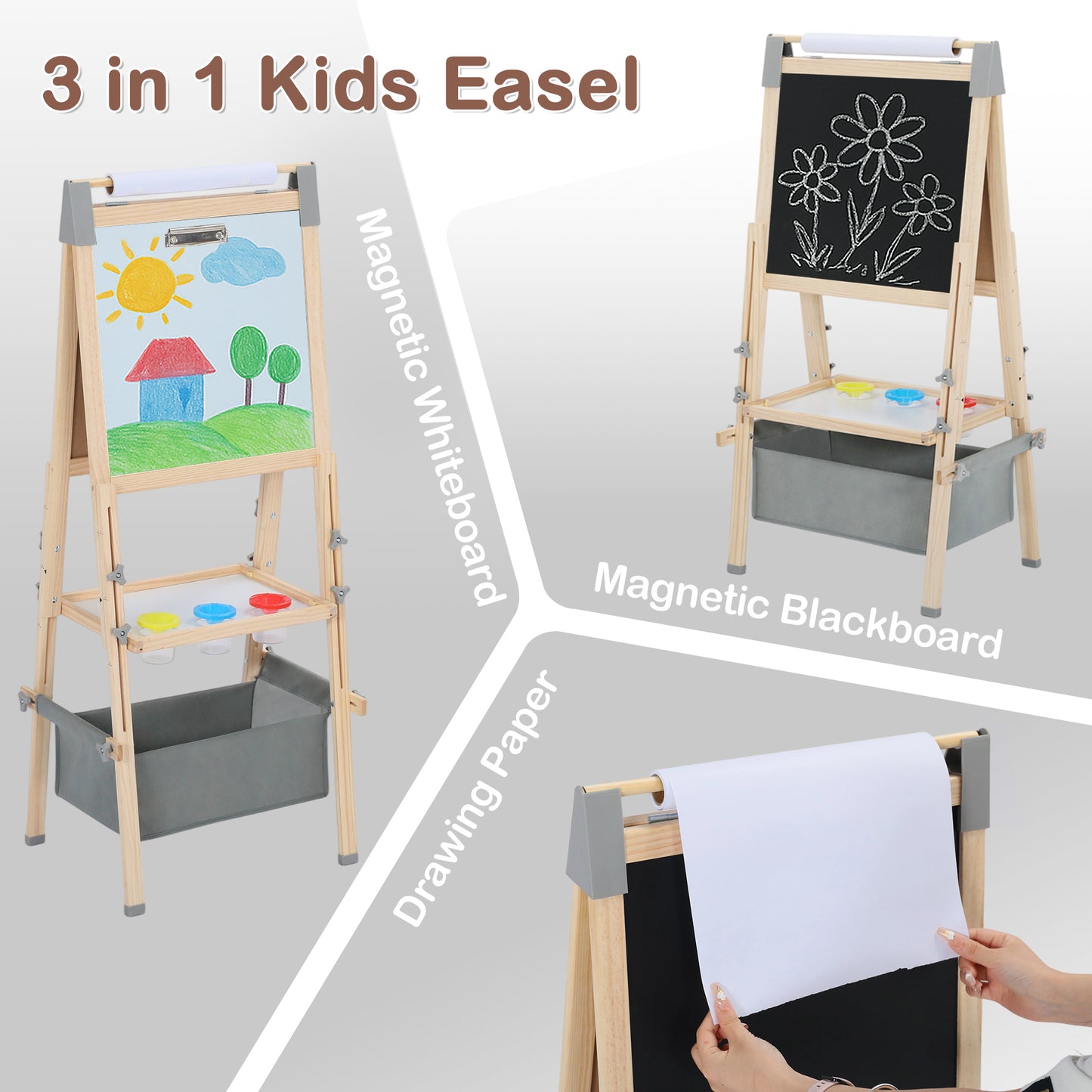 LINLUX Double-Sided Art Easel for Kids, 3 in 1 Wooden Kids Easel w/Paper Roller & Art Supplies, Grey
