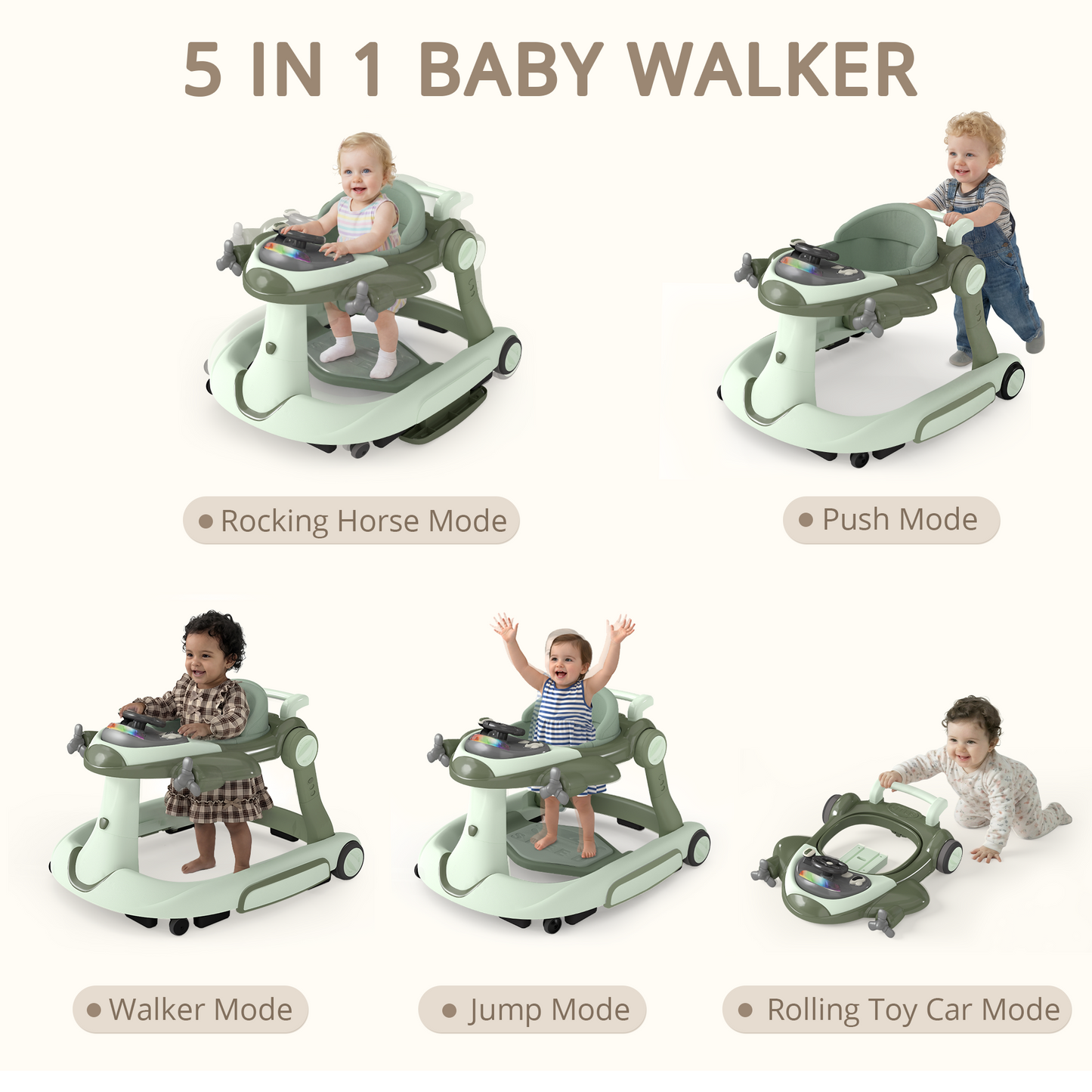 AILEEKISS 5-in-1 Musical Baby Walker with Wheels, Foldable Baby Walker for Boys Girls, Green