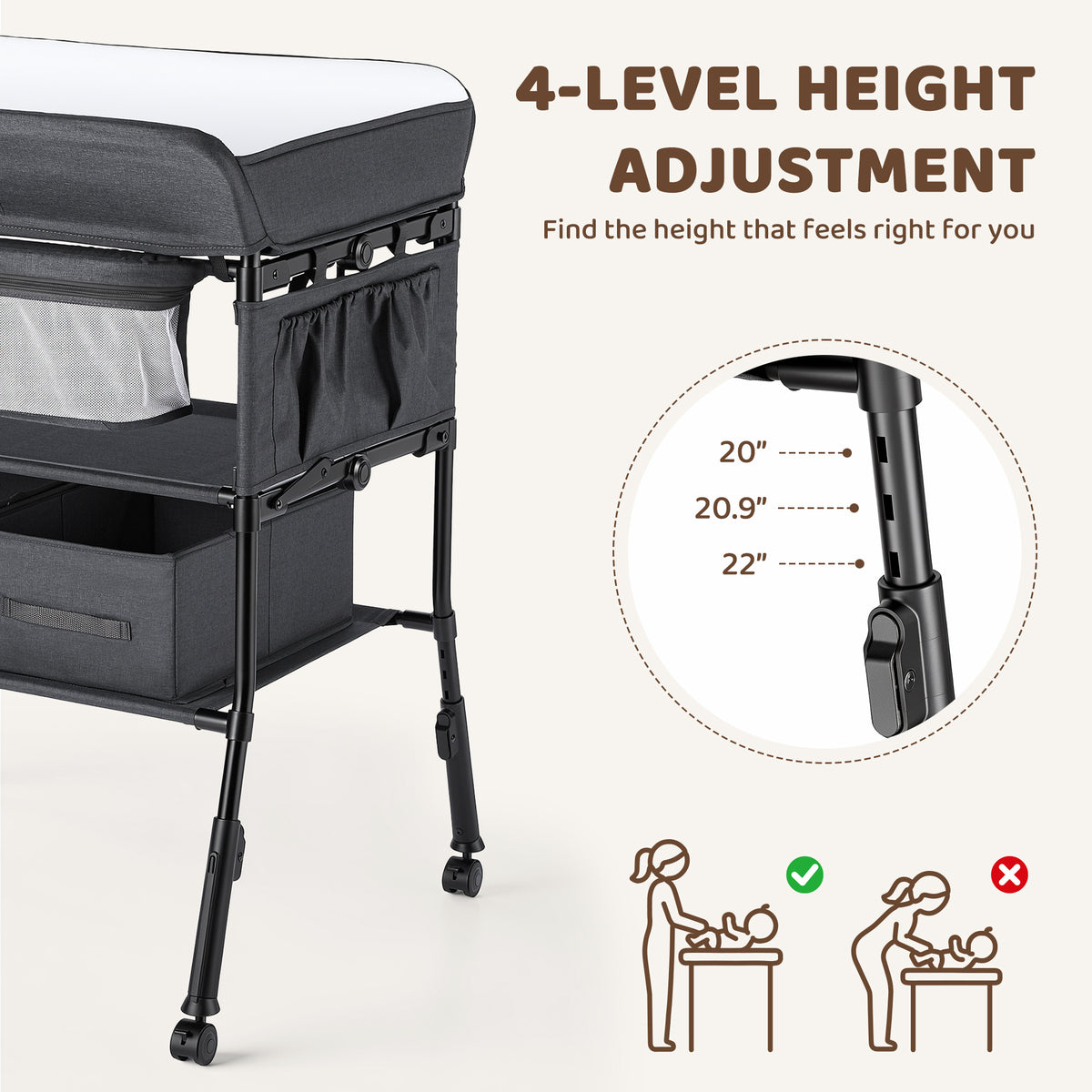 AILEEKISS Baby Diaper Changing Table, Waterproof Folding Changing Station with 2 Drawers, Black Grey