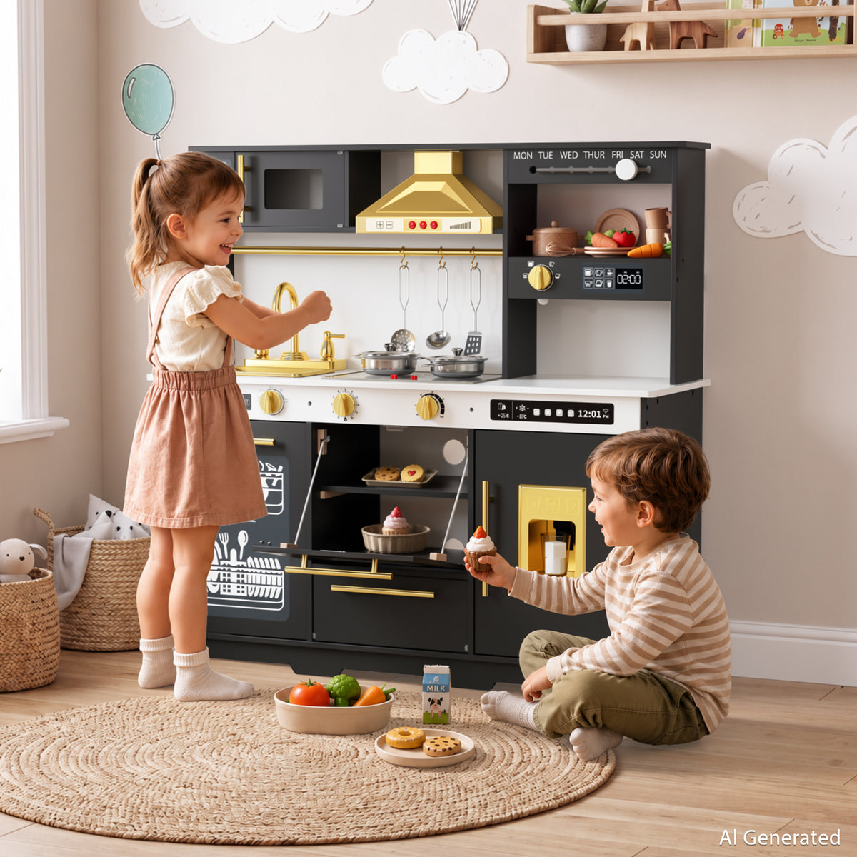 AILEEKISS Kids Toy Kitchen for Children, Pretend Kids Play Kitchen Set with Cooking Accessories, Black