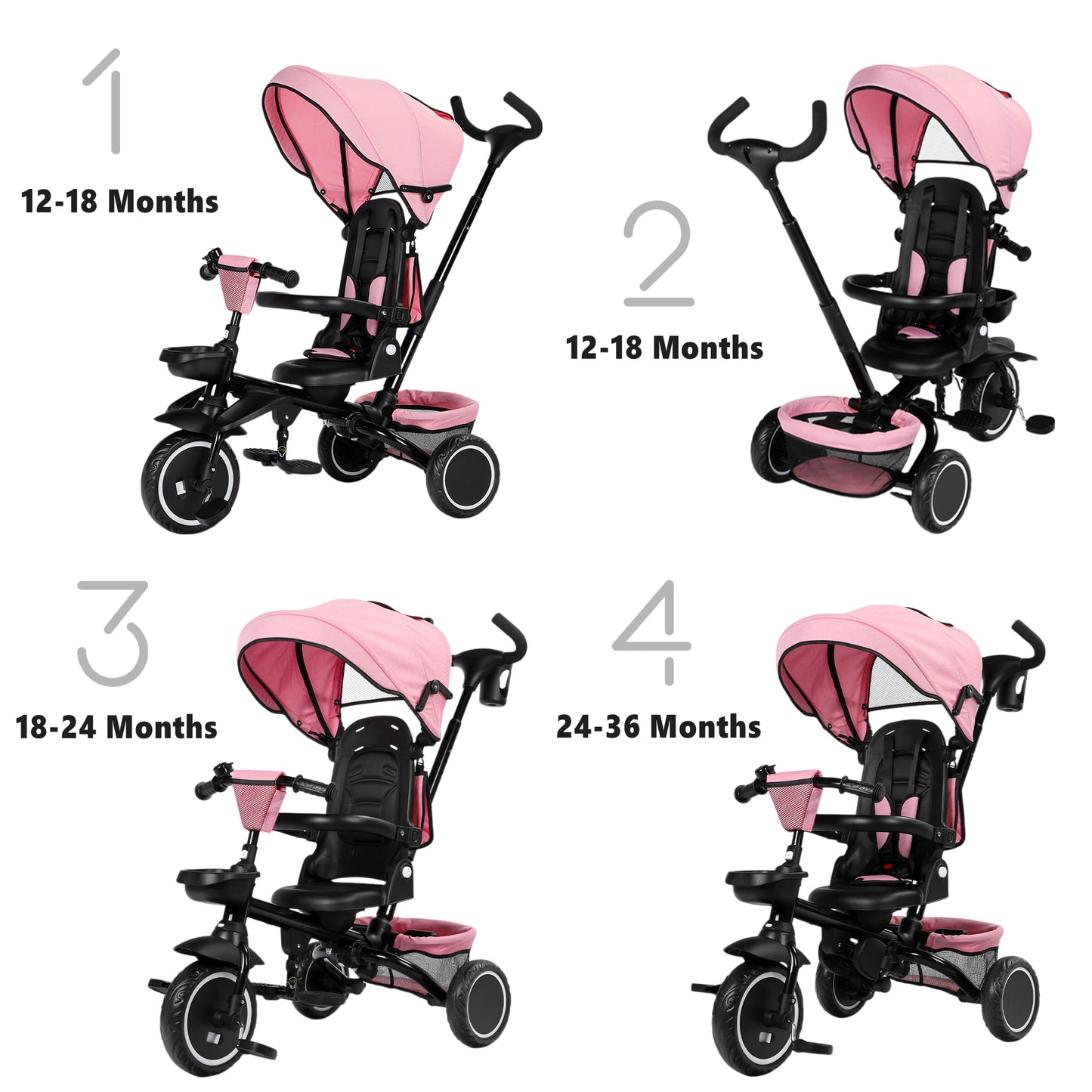 AILEEKISS 8-in-1 Kids' Tricycle Stroller, Folding Toddler Bicycle Unisex Ride Trike 1-6 Years, Pink