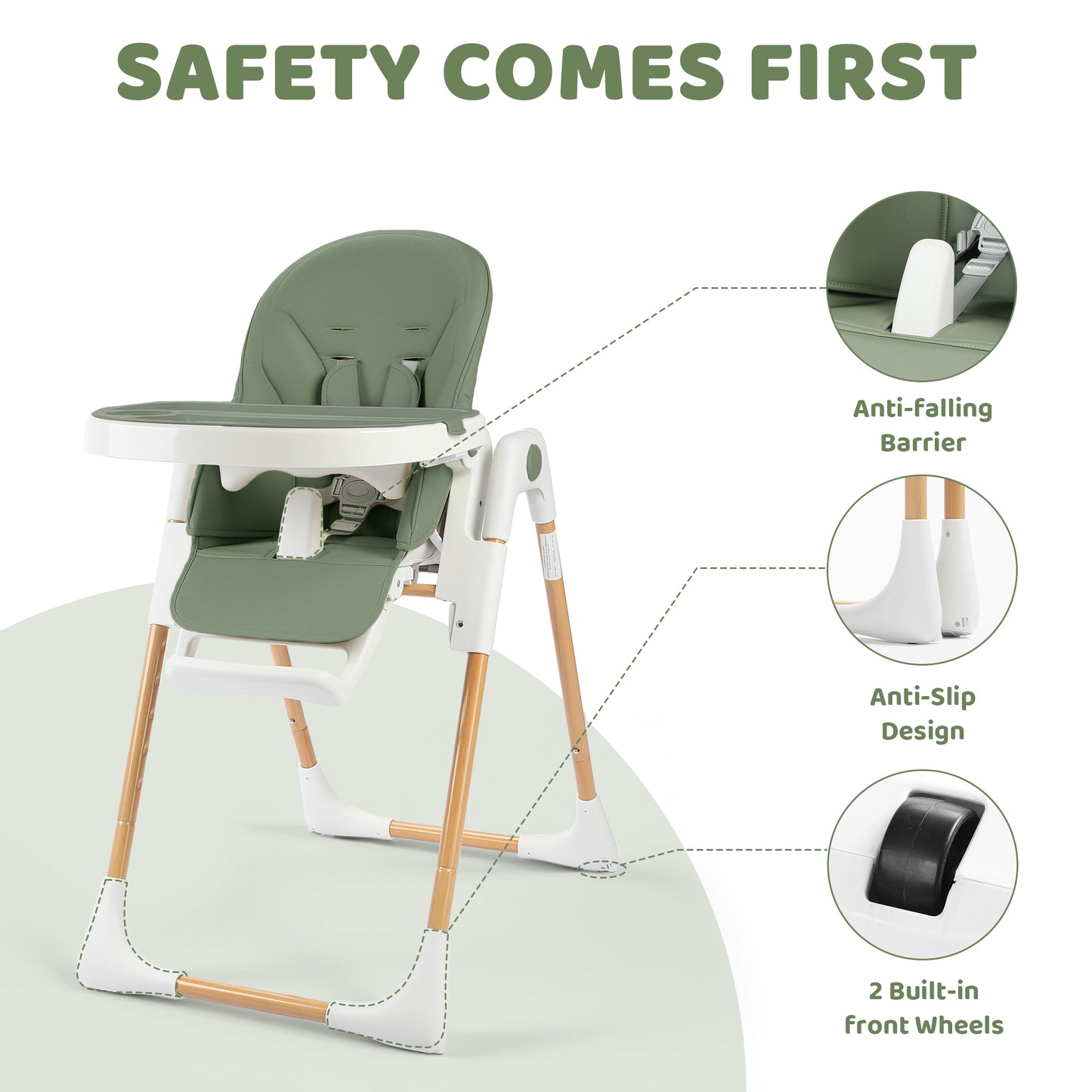 AILEEKISS Foldable High Chair for Baby, Toddler Eating Chair with Detachable Double Trays, Natural Green