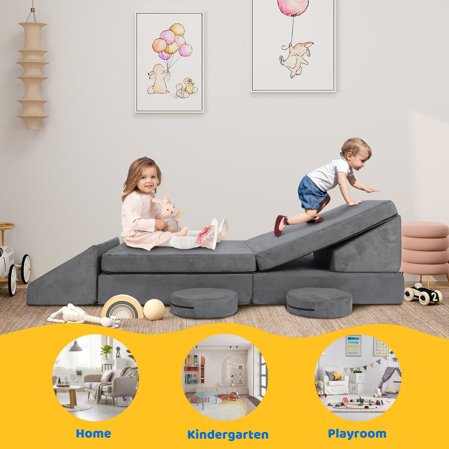 9 Pcs Kids Sofa Couch Playset, Baby Play Couch Imaginative Furniture for Toddler, Grey