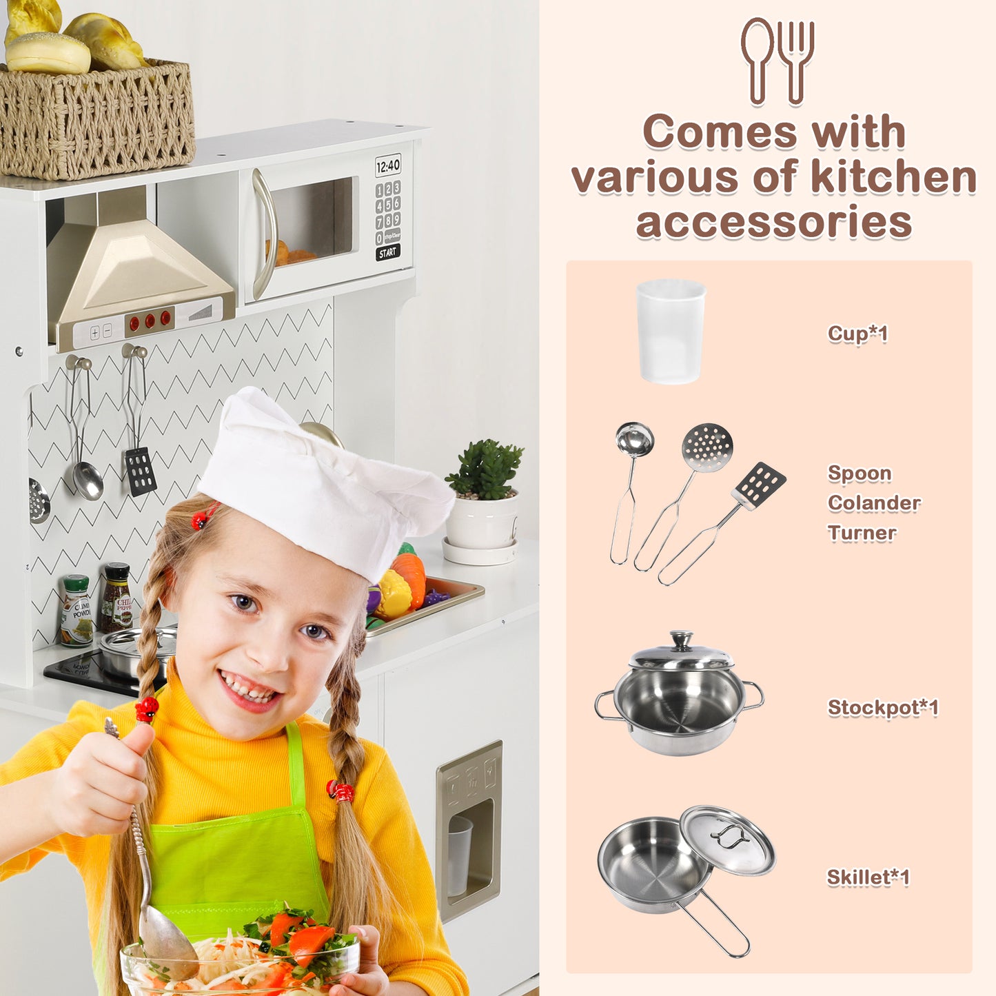 Wooden Kids Play Kitchen with Accessories, Pretend Toy Kitchen Playset for Children Age 3+