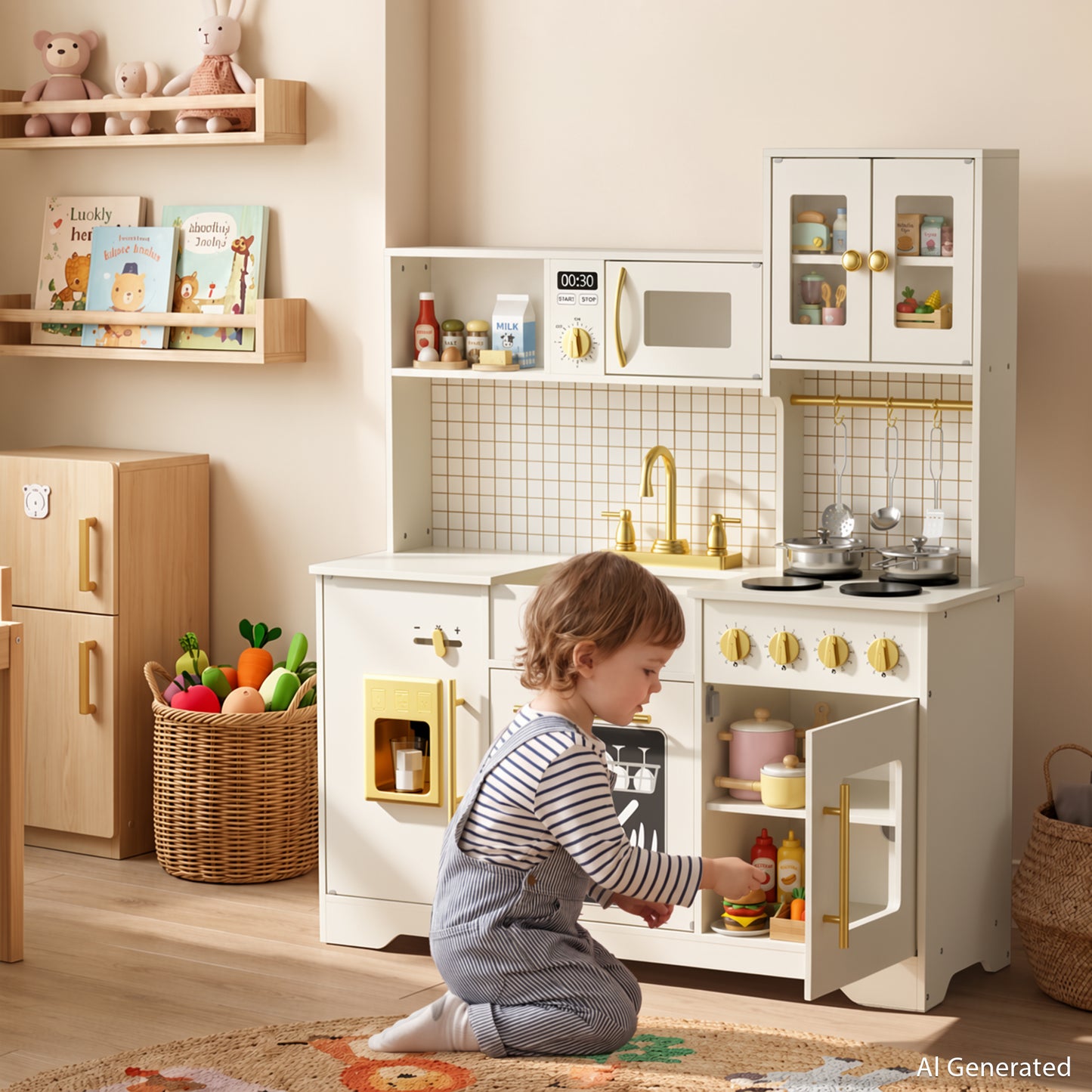 AILEEKISS Kids Kitchen Playset for Children, Realistic Pretend Kitchen Toy with Ice Maker, Beige