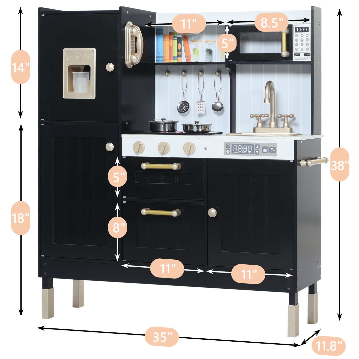 AILEEKISS Wood Kids Play Kitchen, Pretend Toy Kitchen Playset for Children with Sounds, Black