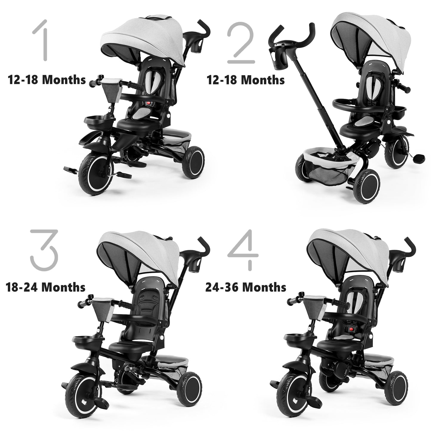 AILEEKISS 8-in-1 Kids' Tricycle Stroller, Folding Toddler Bicycle Unisex Ride Trike 1-6 Years, Light Grey