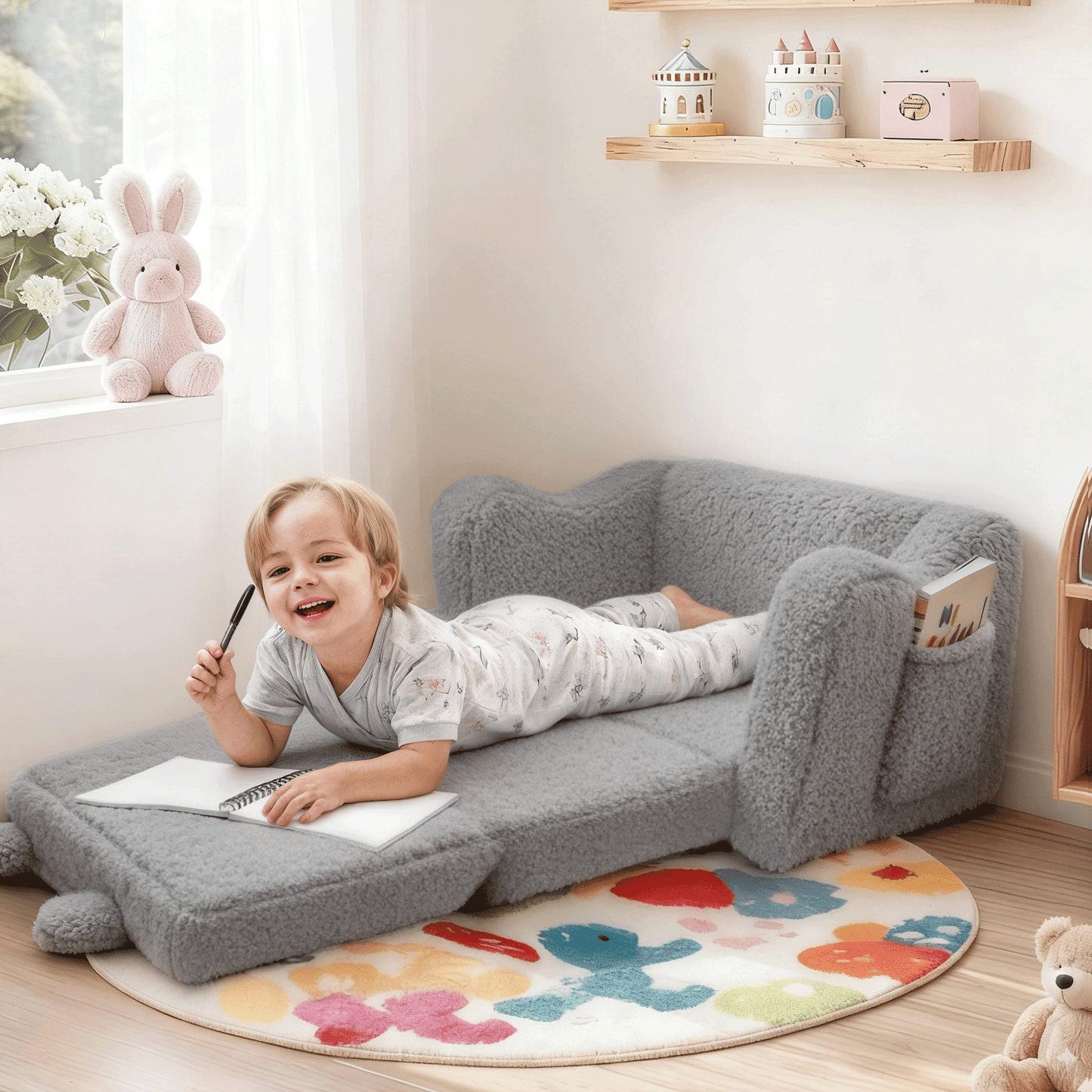 AILEEKISS Toddler Sofa, Foldable Kids Sofa Couch, Convertible Baby Lounger Chair for Playroom, Grey