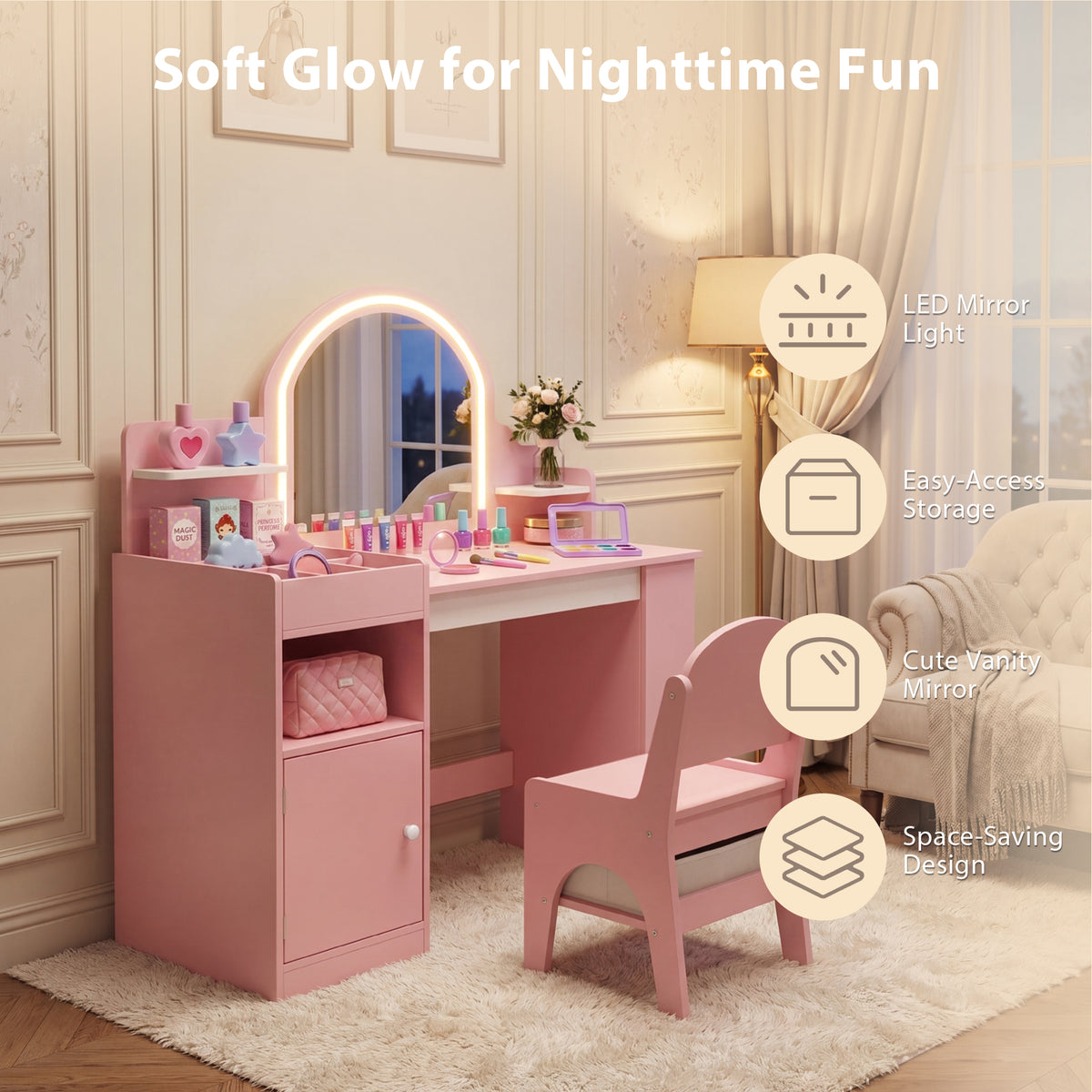 AILEEKISS Kids Vanity Set with Stool, Pretend Play Makeup Table with Jewelry Storage, Pink