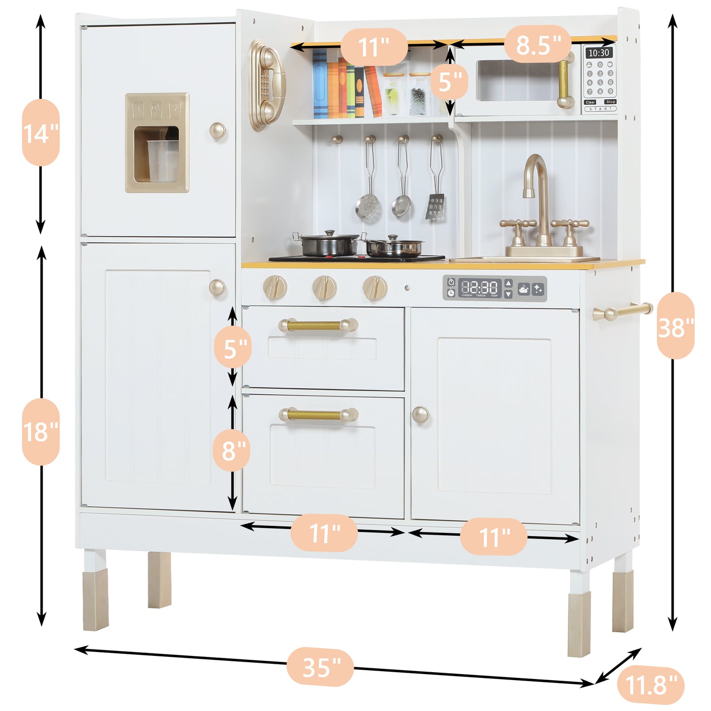 AILEEKISS Wood Kids Play Kitchen, Pretend Toy Kitchen Playset for Children with Sounds, White