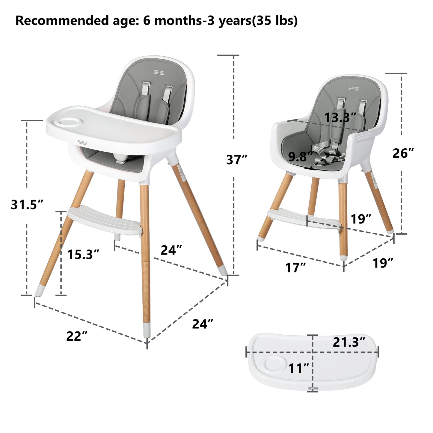 3 in 1 Wooden Baby High Chair Infant Feeding Chair with Double Removable Tray, Grey