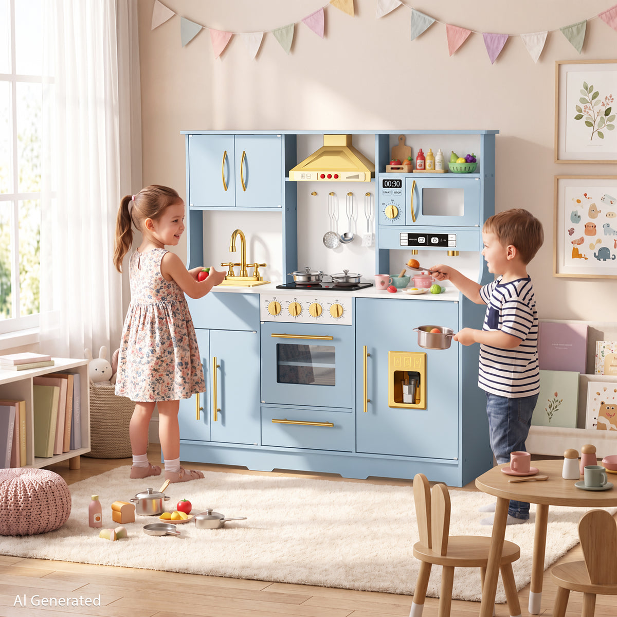 AILEEKISS Wood Kids Play Kitchen, Pretend Kitchen Playset for Children Age 3 Years up, Blue