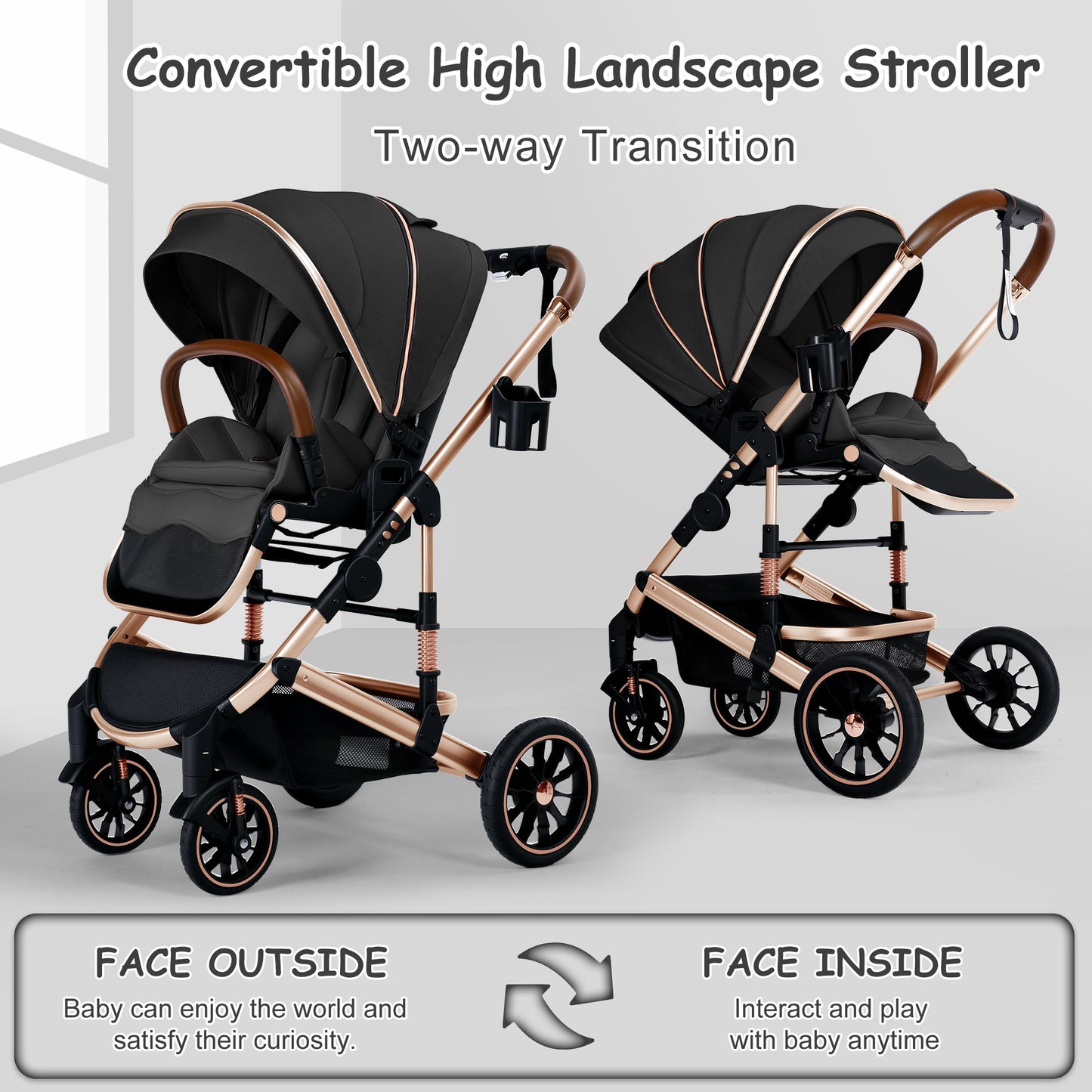 AILEEKISS 2-in-1 Baby Stroller with Adjustable Seat, Foldable Stroller for Toddler, 26 Pounds, Black