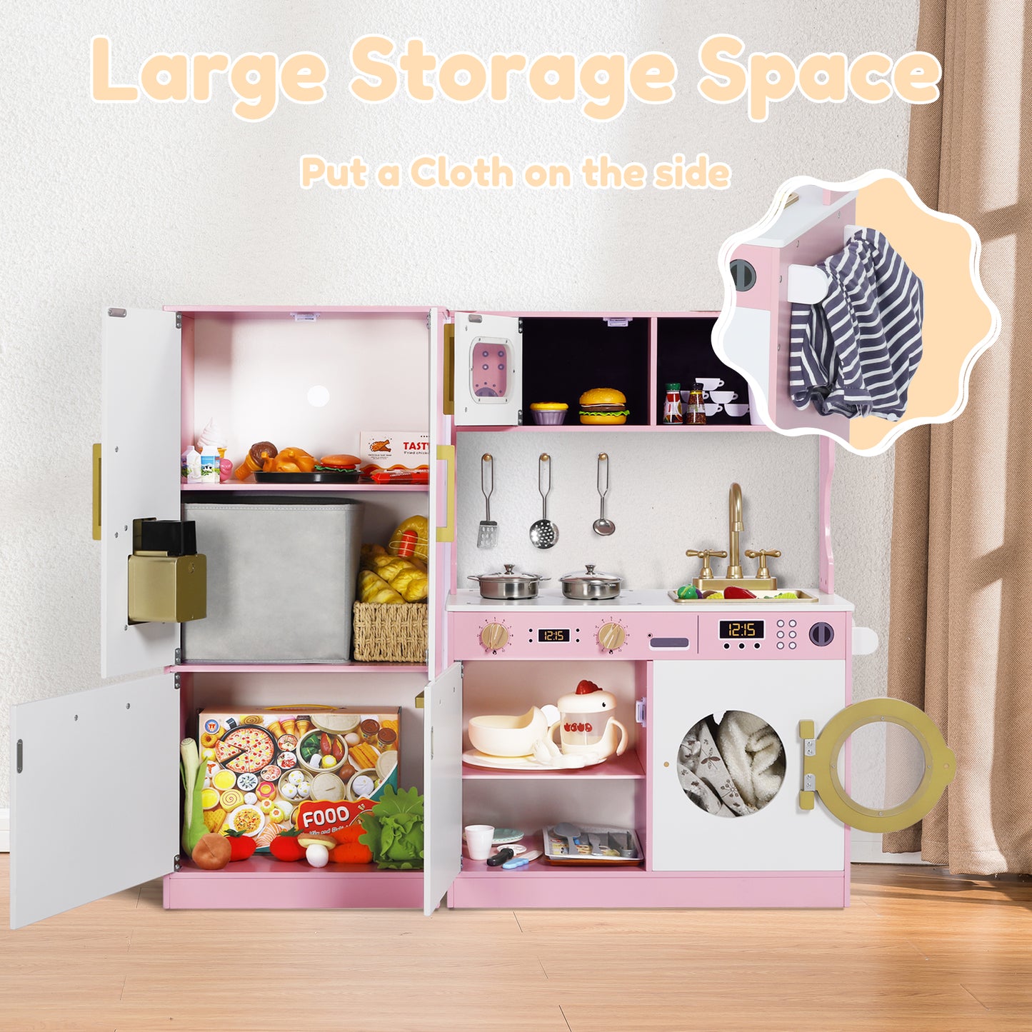 AILEEKISS Wood Kids Play Kitchen, Pretend Kitchen Playset for Children Age 3 Years up, Pink