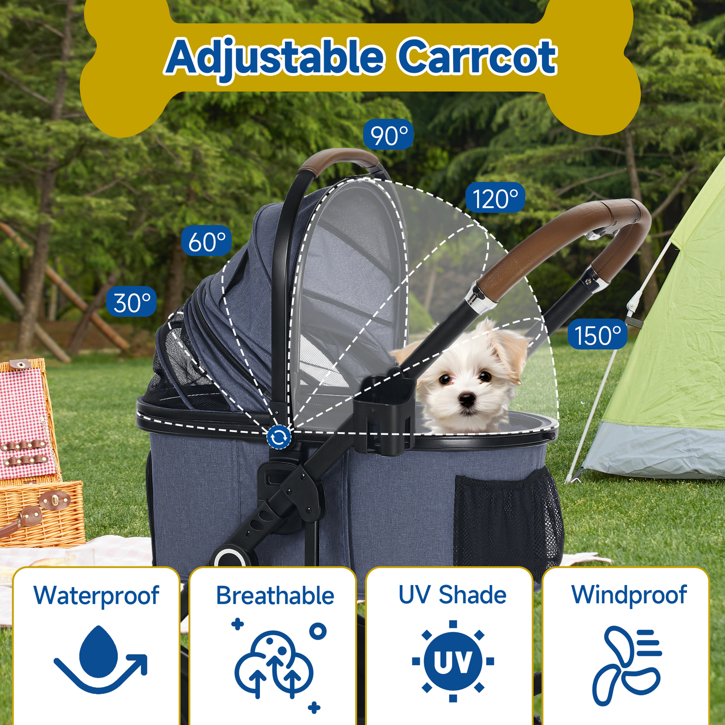AILEEKISS 4-Wheeled Pet Stroller, Folding Cat and Dog Stroller with Brake, Up to 58 LBS, Blue