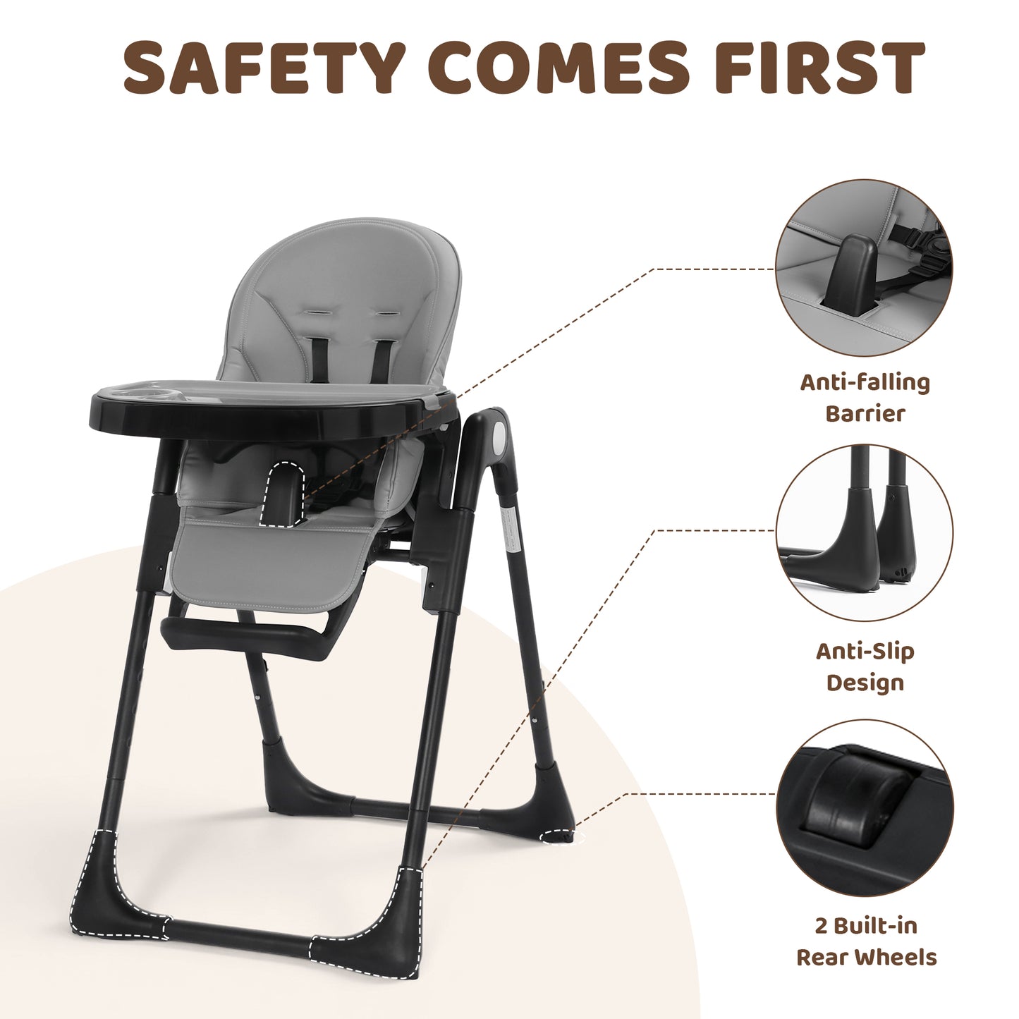 AILEEKISS Foldable High Chair for Baby, Toddler Eating Chair with Detachable Double Trays, Grey