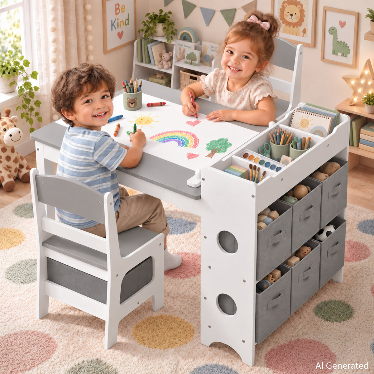 AILEEKISS Kids Table and Chair Set,Children Play Activity Desk for Drawing with 6 Drawers, Grey