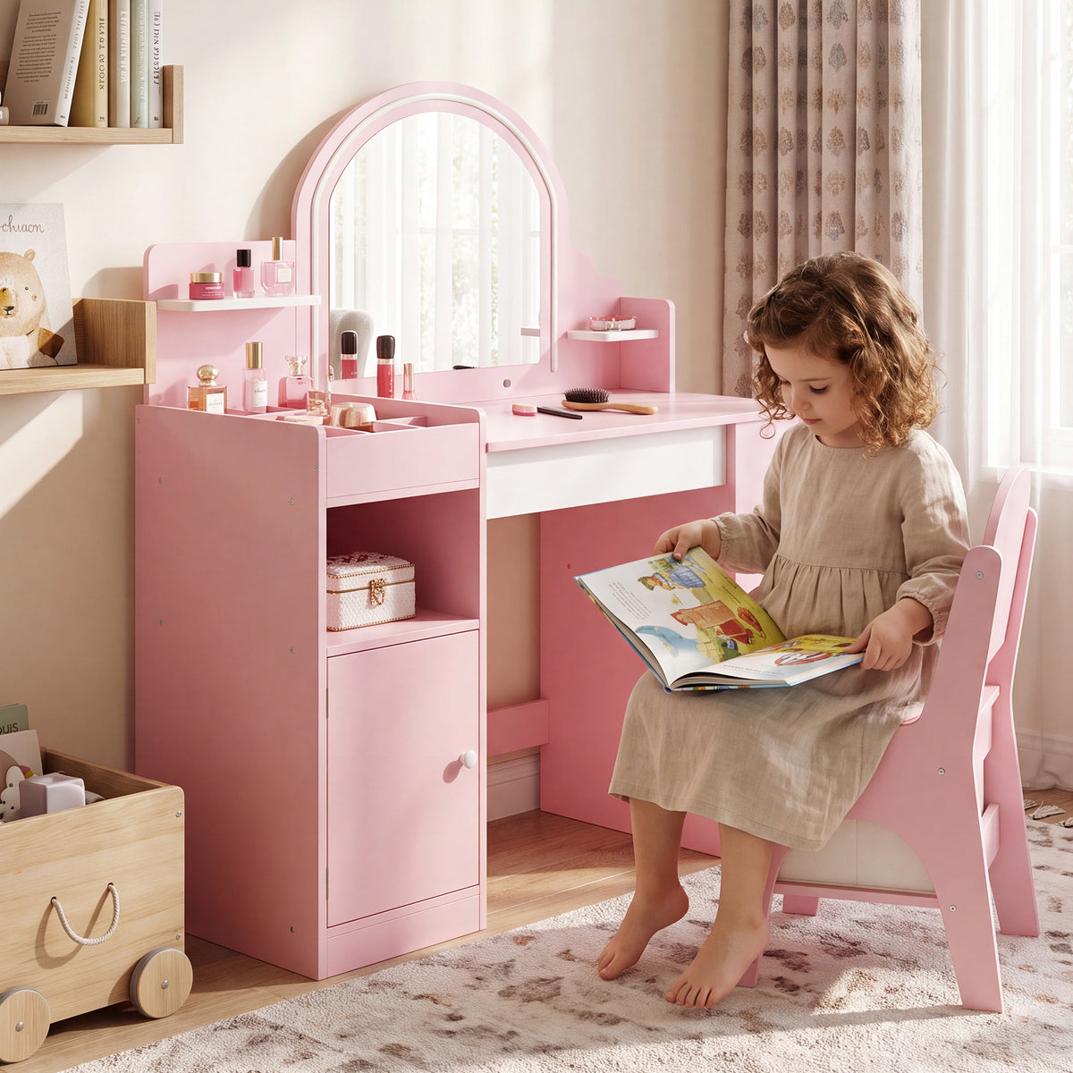 AILEEKISS Kids Vanity Set with Stool, Pretend Play Makeup Table with Jewelry Storage, Pink