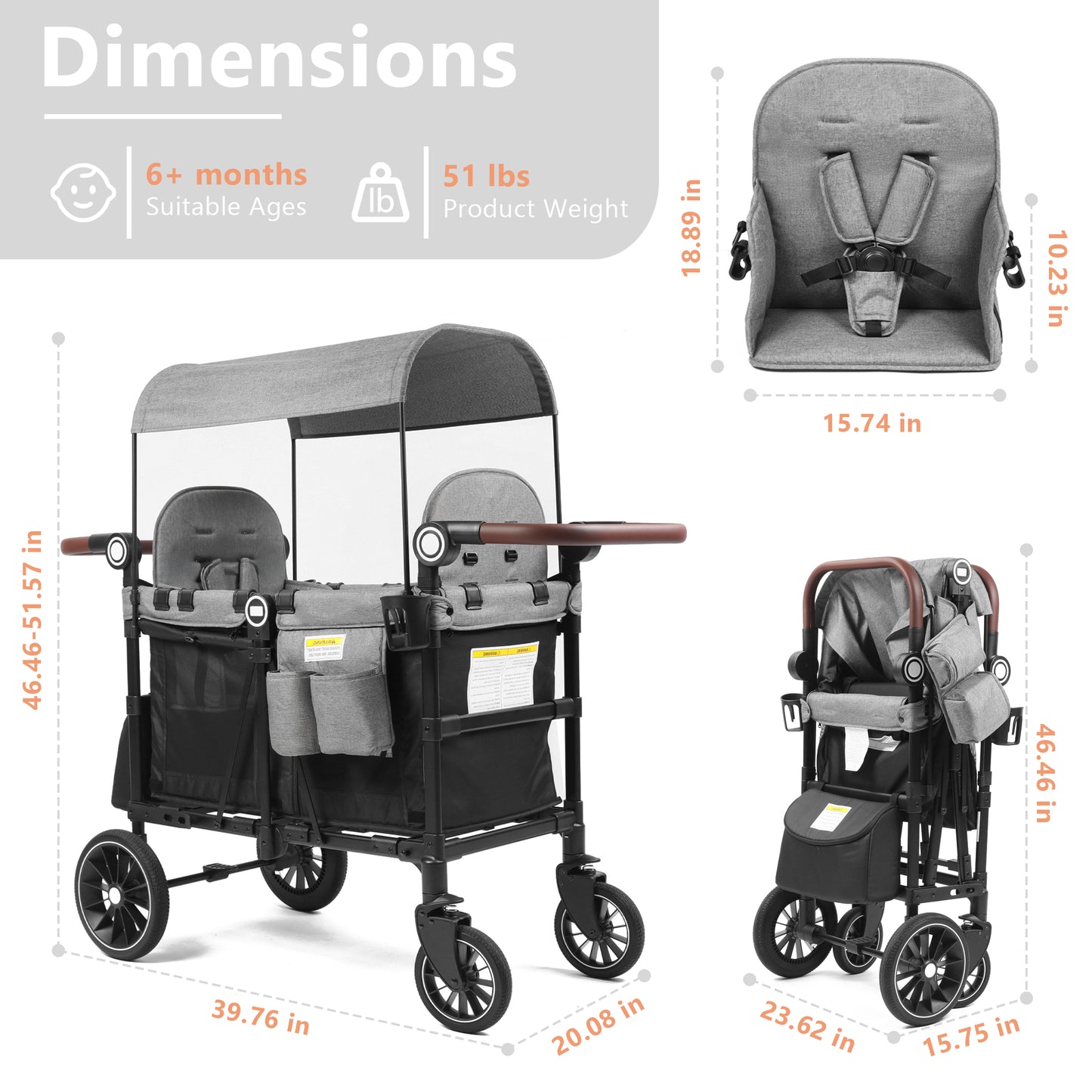 AILEEKISS Stroller Wagon for 2 Toddlers with Canopy, All-Terrain Baby Wagon, 55 Pounds, Black & Grey