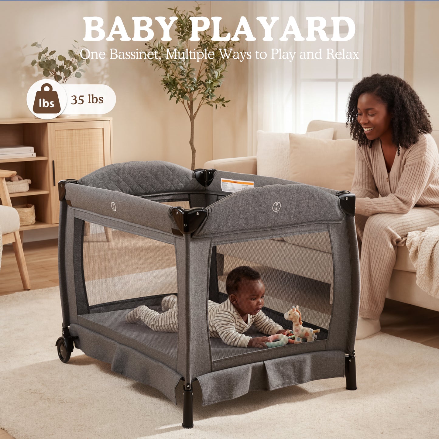 AILEEKISS 3-in-1 Foldable Baby Playard with Bassinet and Changing Table for Newborn, Grey